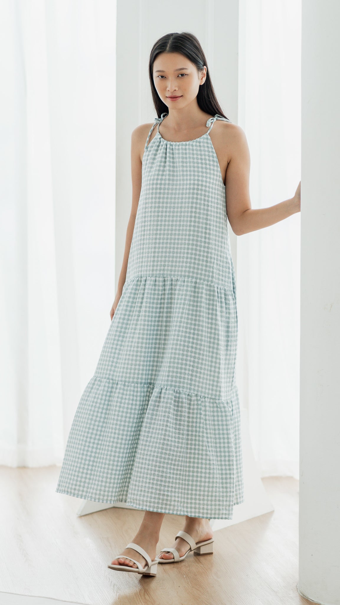 Natalia Halter Gingham Maxi Dress in Sage [ONLINE ONLY] – First Stitch