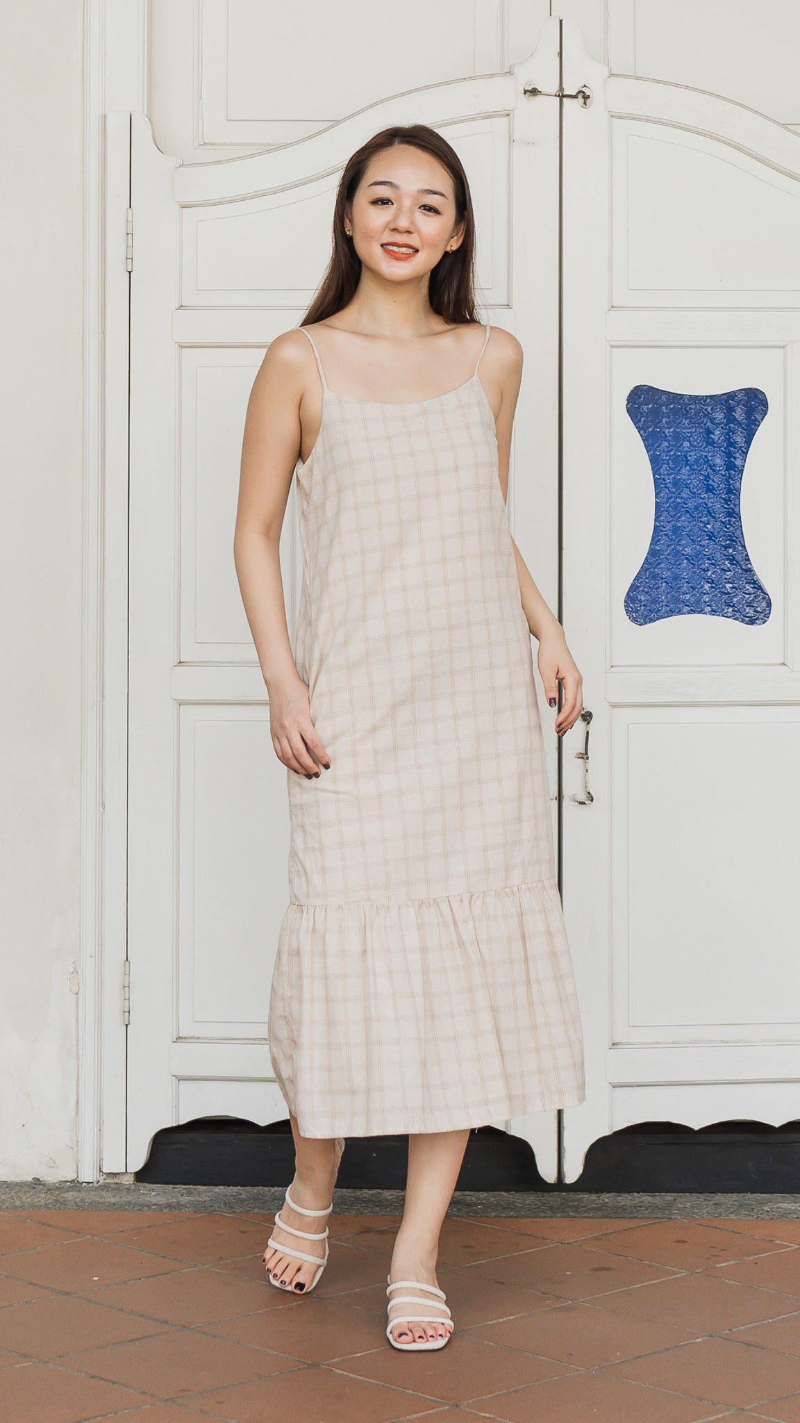 beige checkered dress Linen Check Dress main image 0