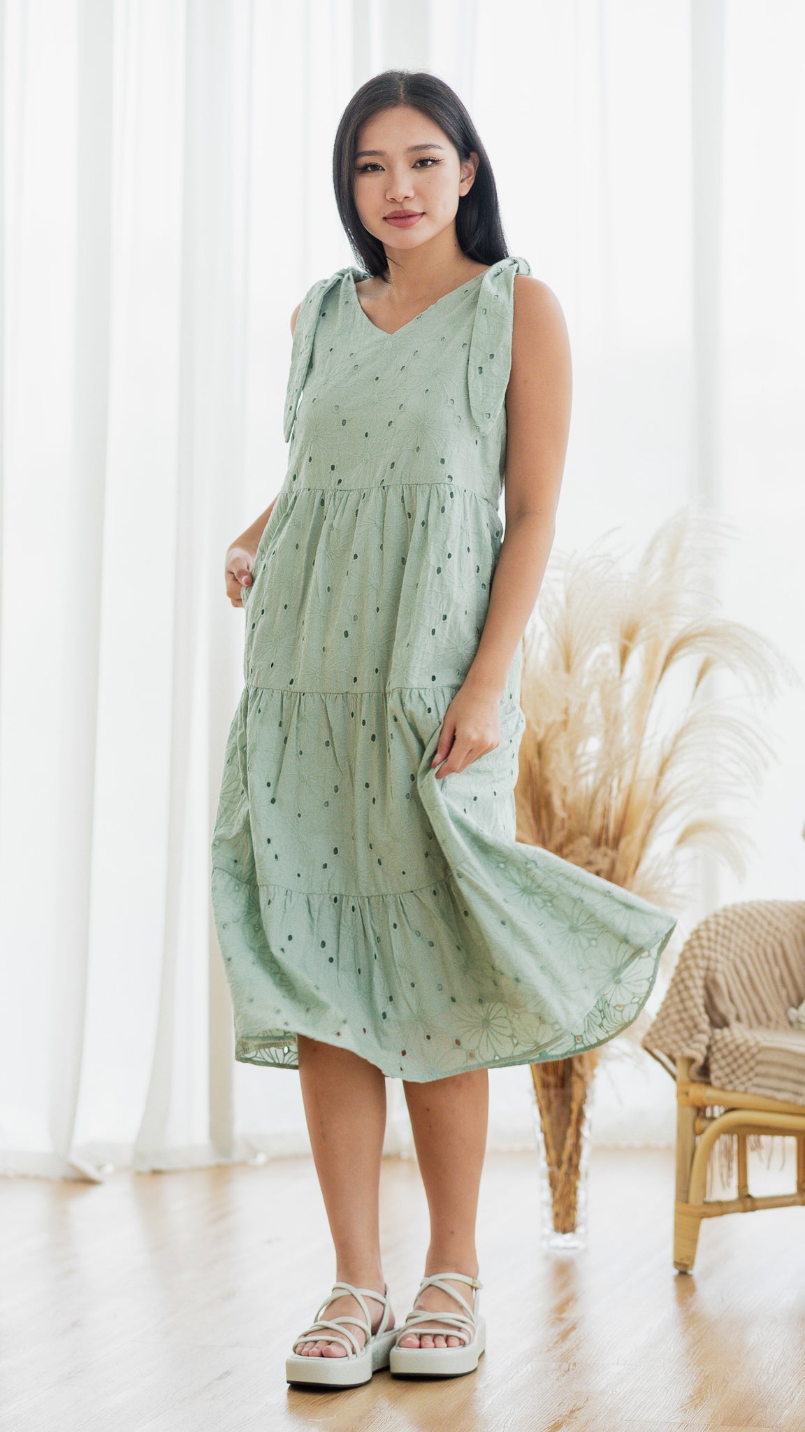 jemma midi dress Jemma Broderie Tiered Midi Dress in Sage Green [ONLINE ONLY] – First Stitch