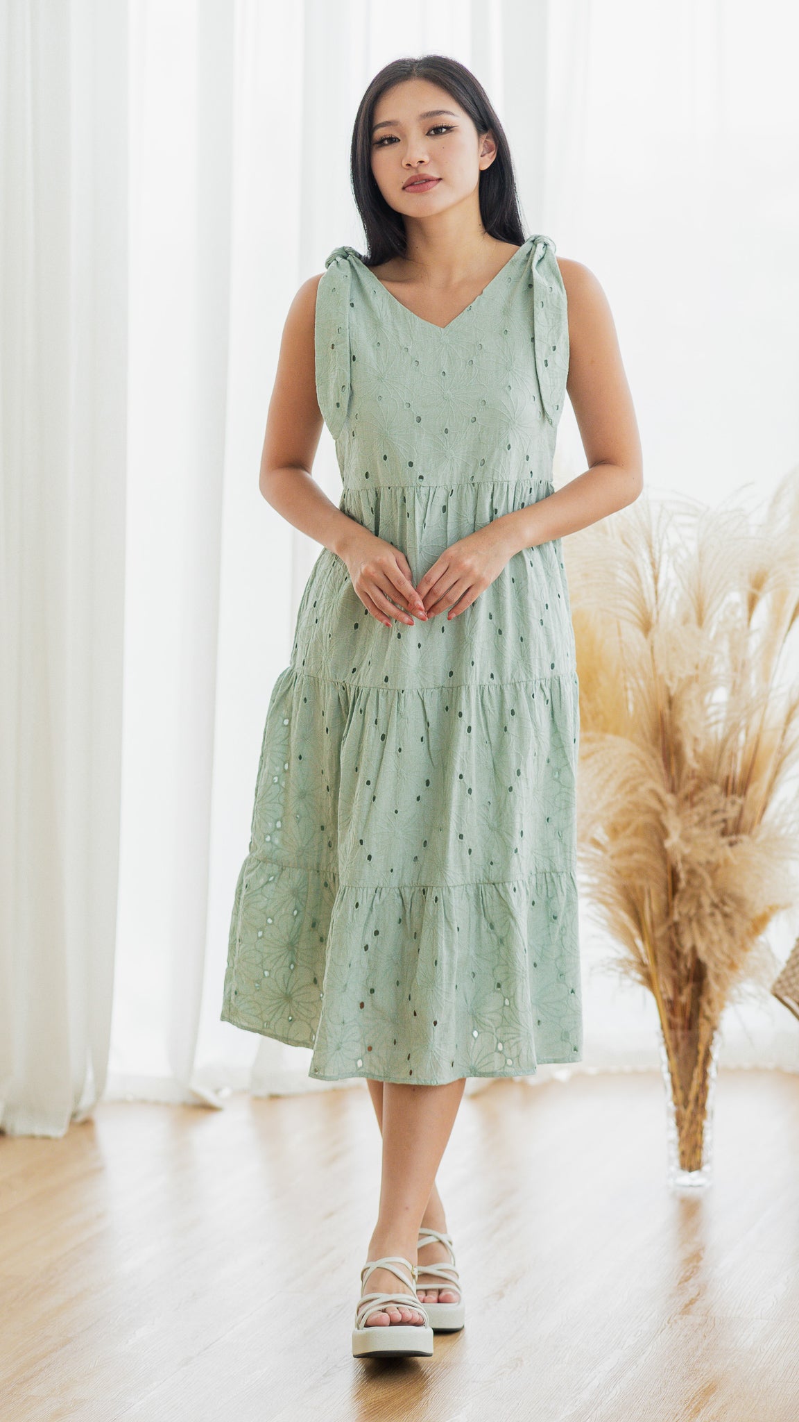 Jemma Broderie Tiered Midi Dress in Sage Green [ONLINE ONLY] – First Stitch