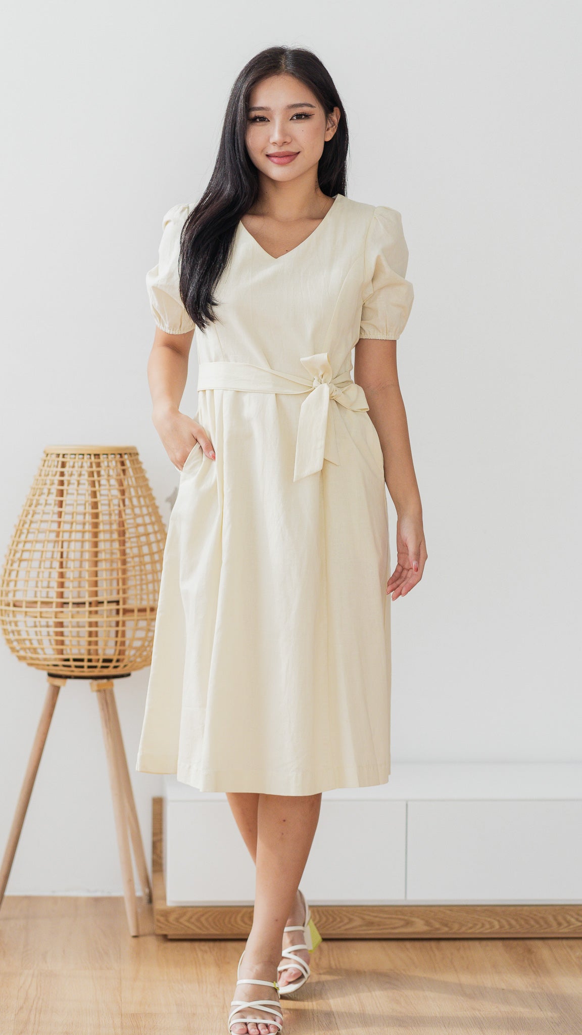knee length dresses for ladies Joy Of Spring Linen Midi Dress in Beige [ONLINE ONLY] – First Stitch