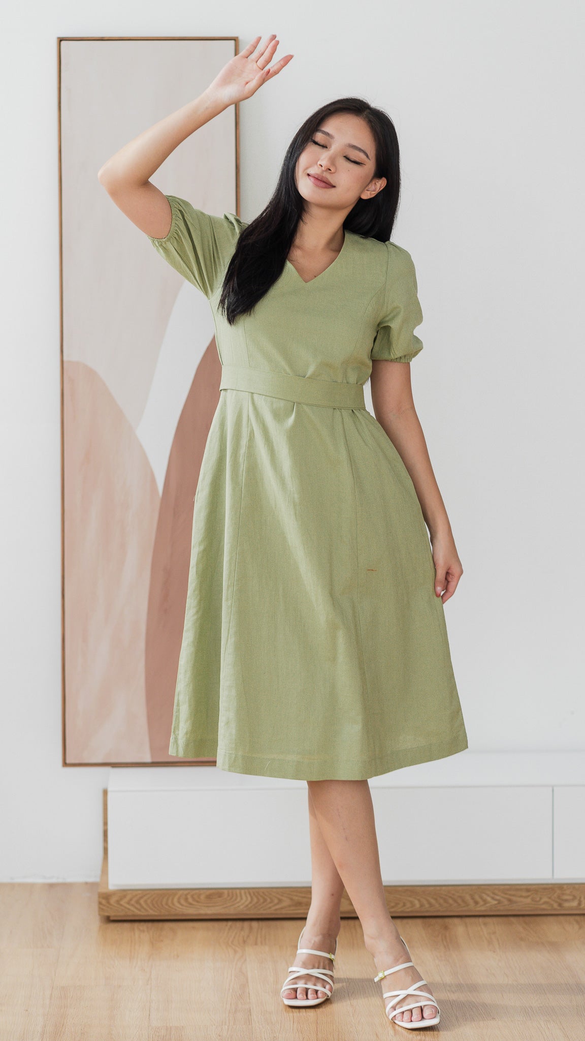 sage green dress spring Patti Short Jersey Shirt Dress-Woodland Green main image 1