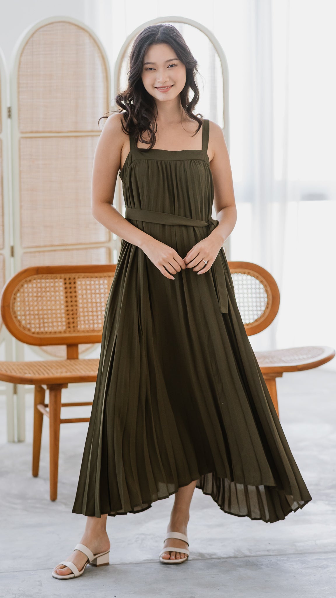 Wind In My Hair Pleated Dress in Olive [ONLINE ONLY] – First Stitch