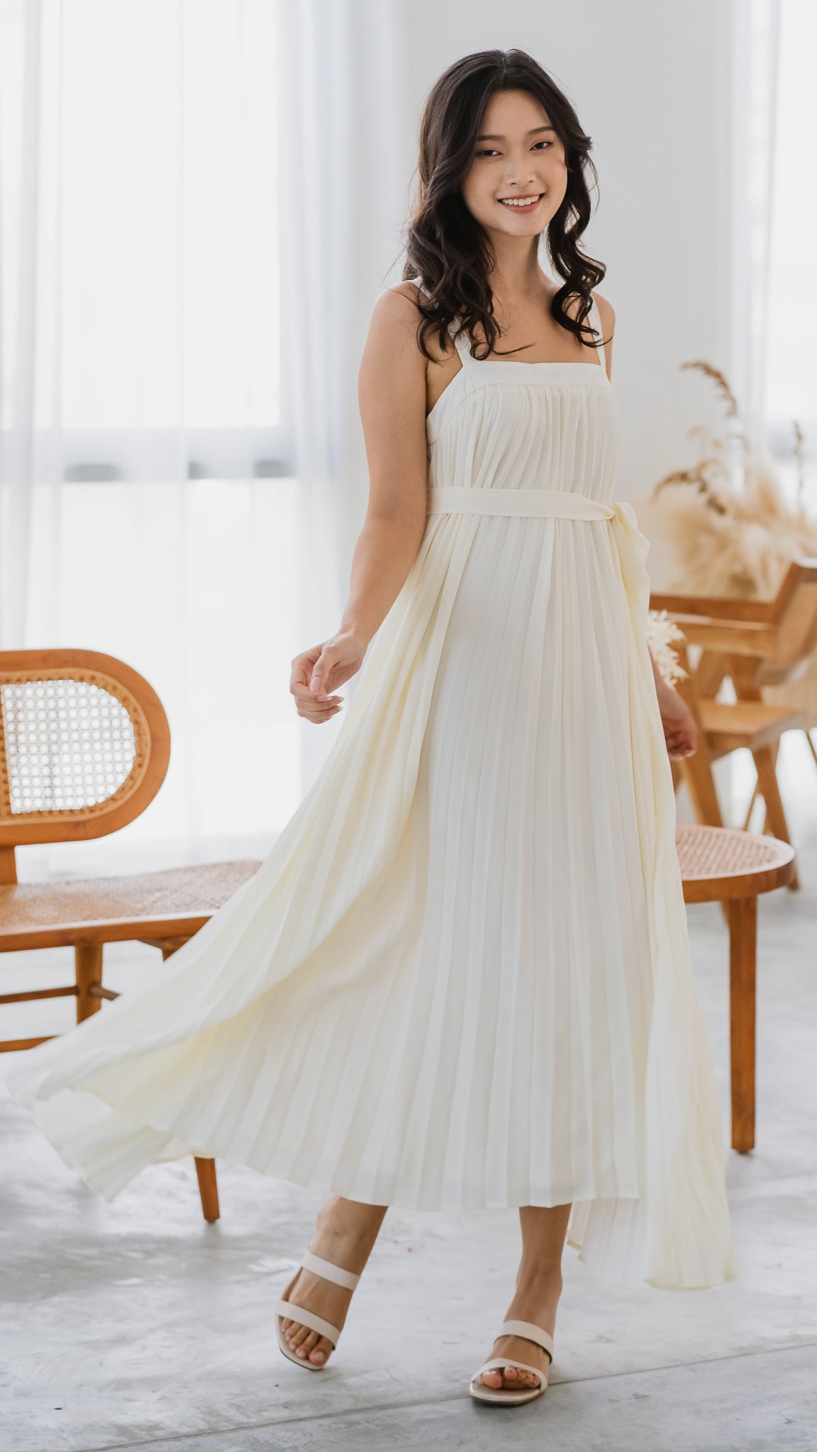 Wind In My Hair Pleated Dress in Beige [ONLINE ONLY]  First Stitch