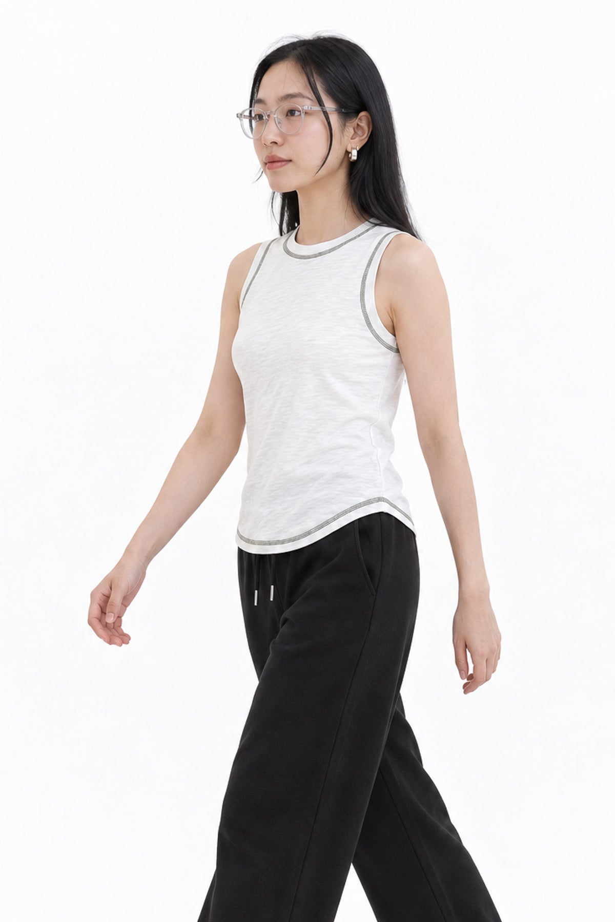 Contrast Stitch Tank Top in White+Green