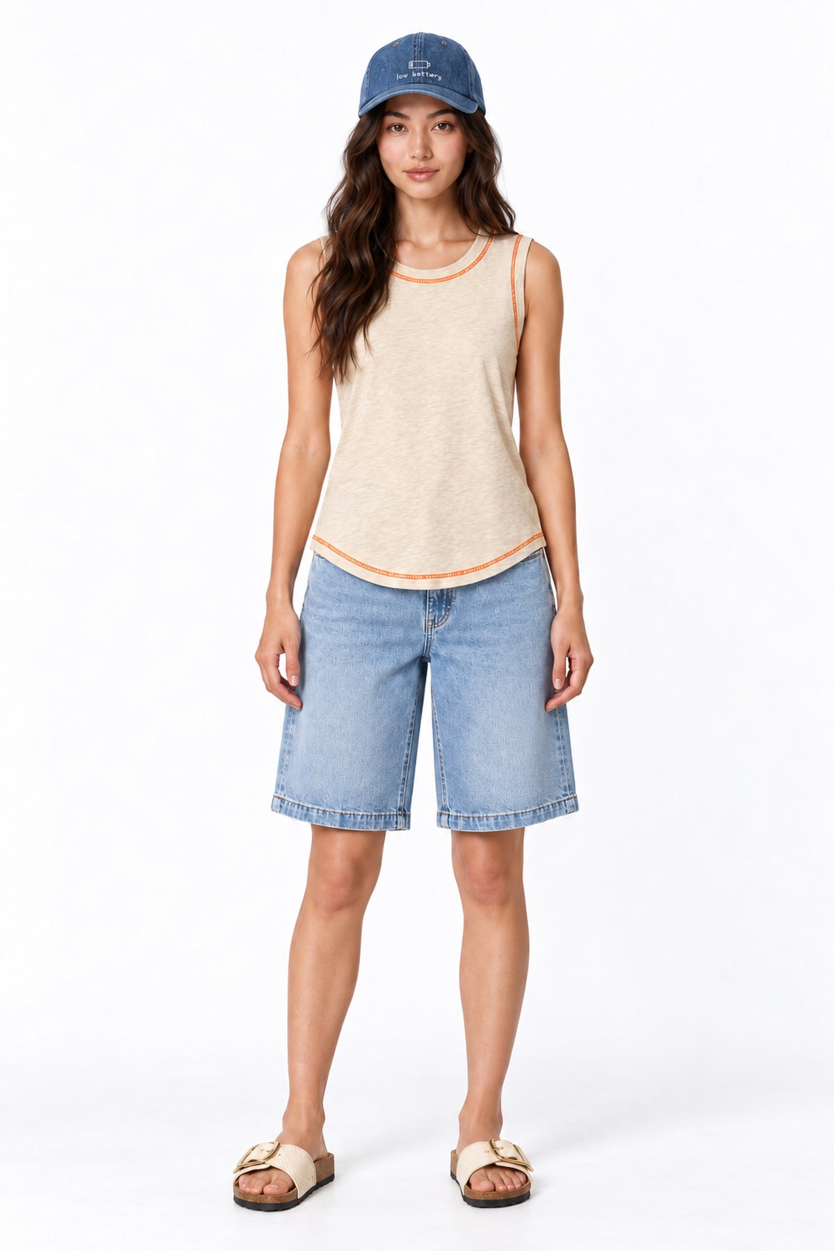 Contrast Stitch Tank Top in Beige+Orange