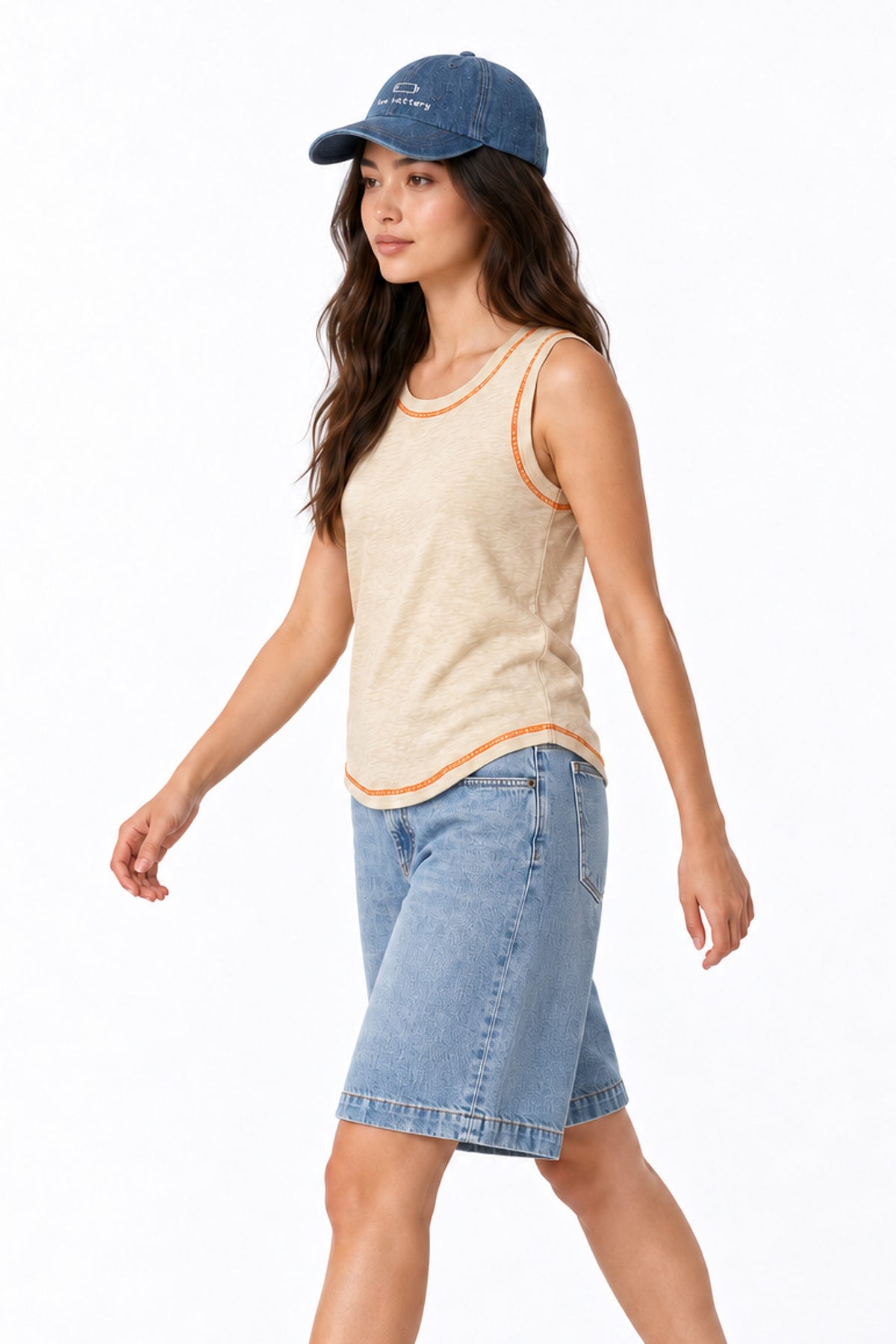 Contrast Stitch Tank Top in Beige+Orange