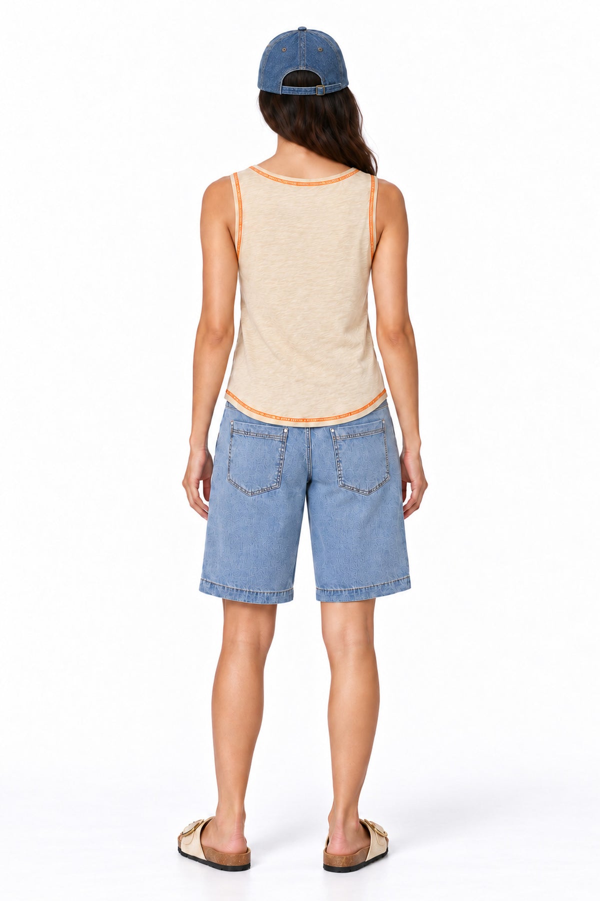 Contrast Stitch Tank Top in Beige+Orange