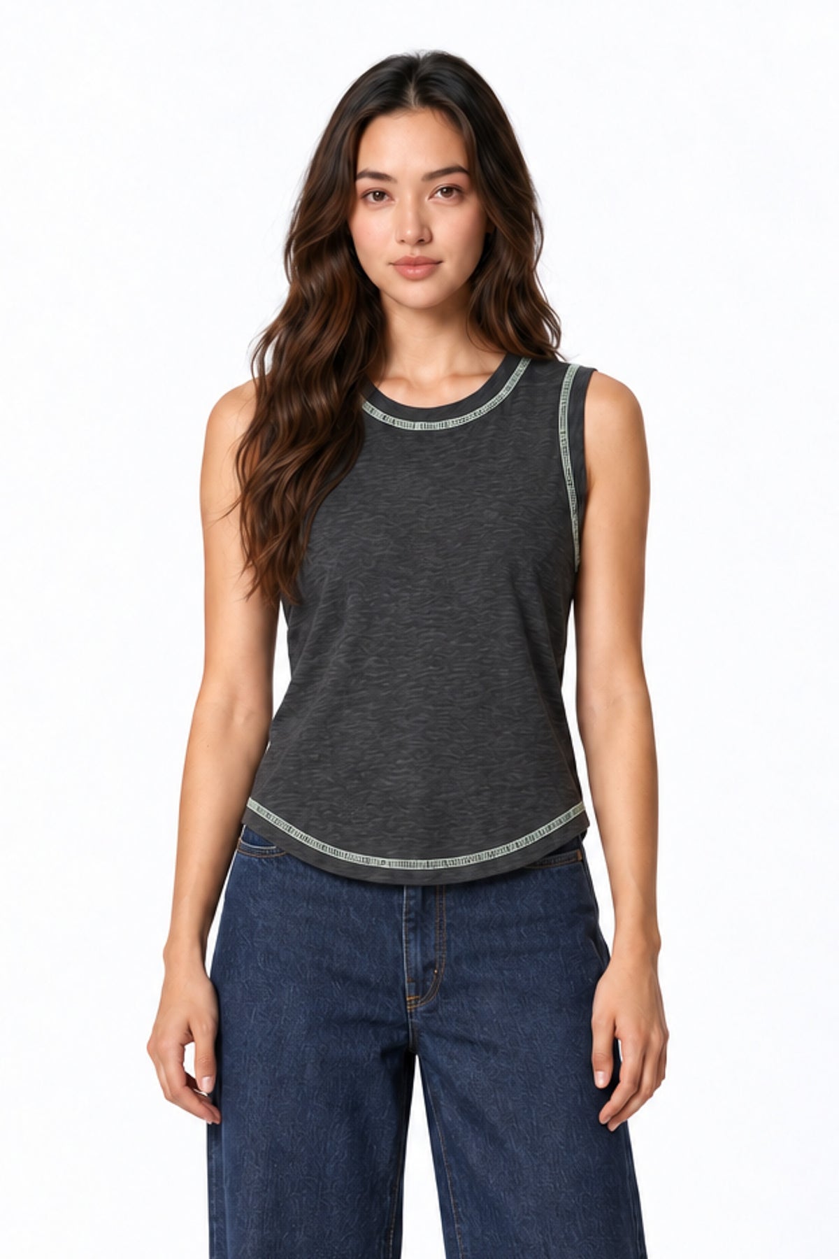 Contrast Stitch Tank Top in Grey+Green