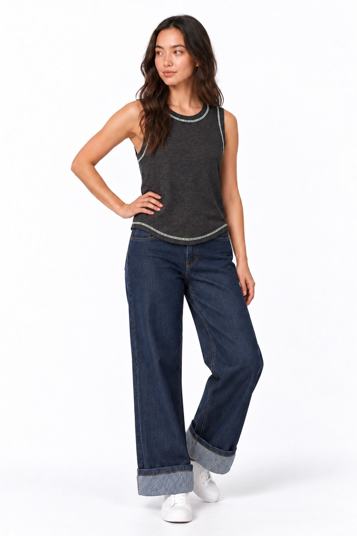 Contrast Stitch Tank Top in Grey+Green