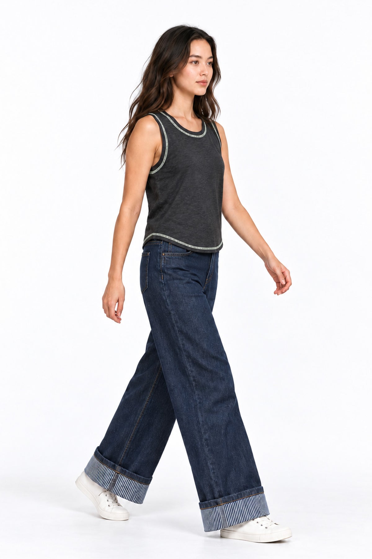 Contrast Stitch Tank Top in Grey+Green