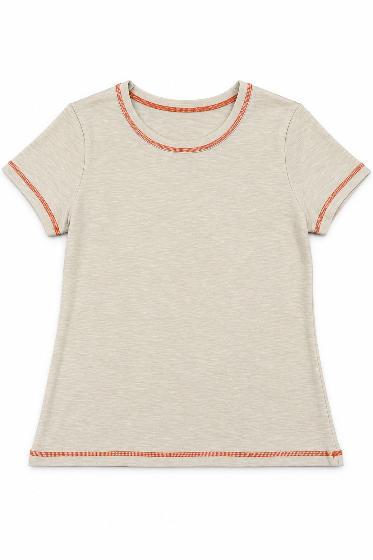 Contrast Stitch Crew Neck Tee in Beige+Orange