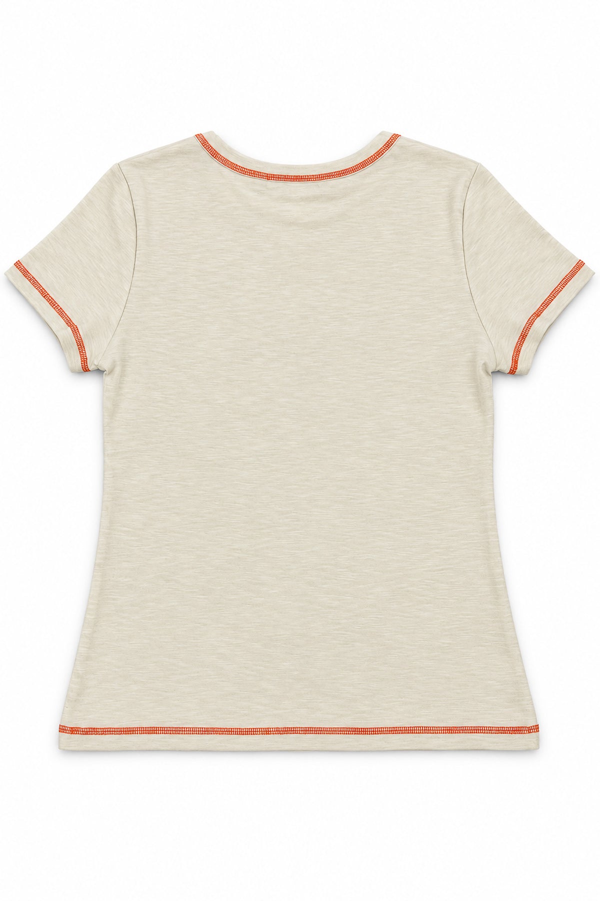 Contrast Stitch Crew Neck Tee in Beige+Orange