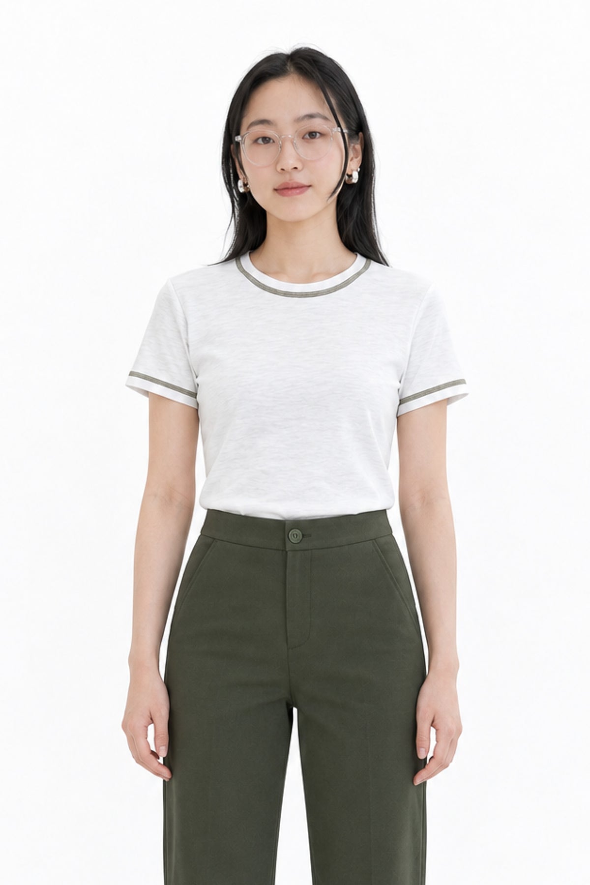 Contrast Stitch Crew Neck Tee in White+Green