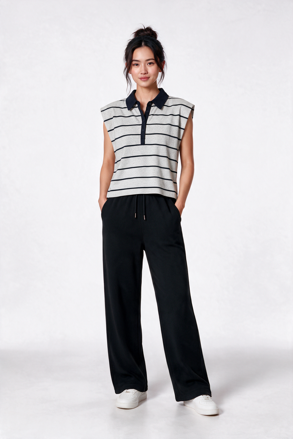 Padded Shoulder Striped Polo Tee in Grey