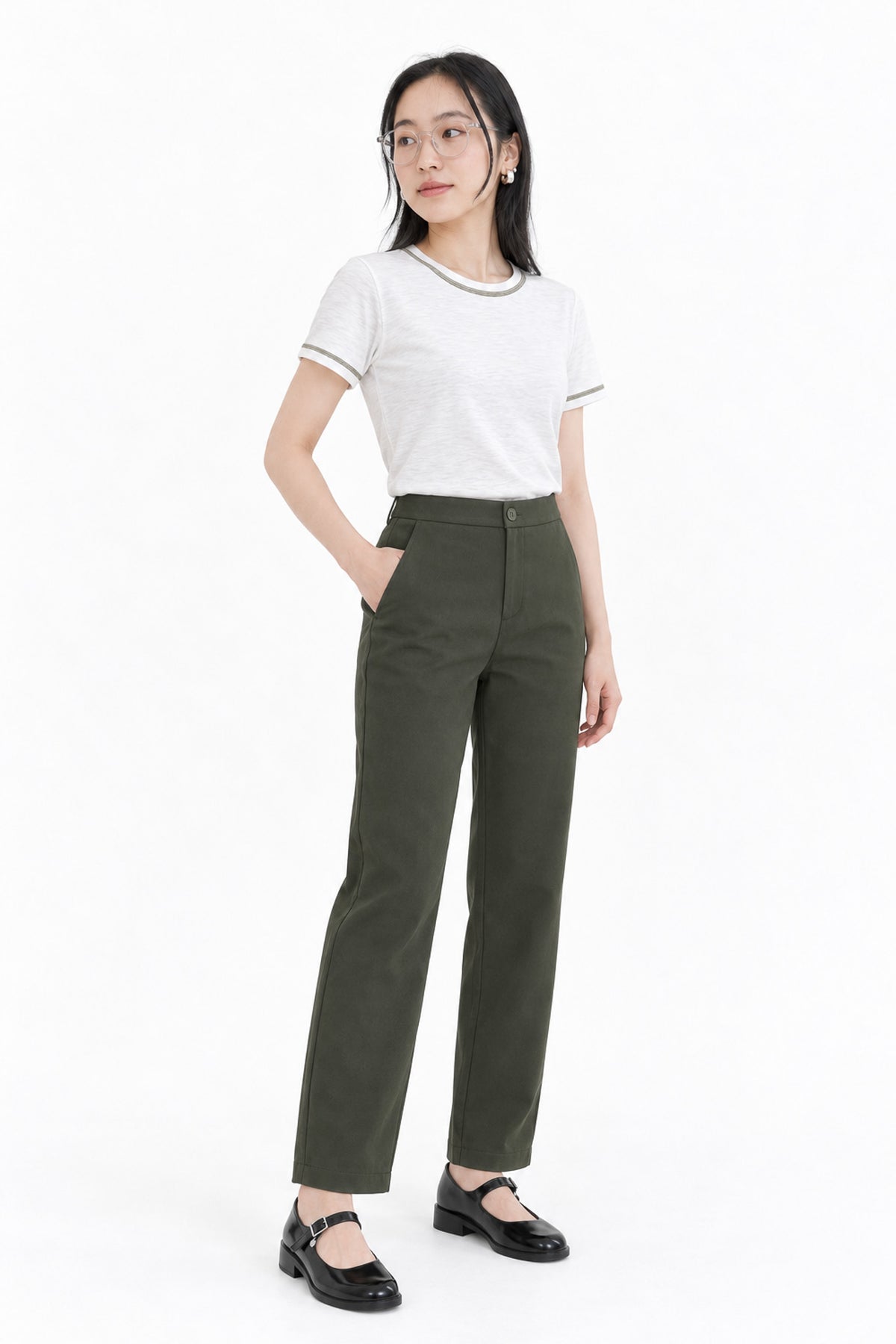 Contrast Stitch Crew Neck Tee in White+Green