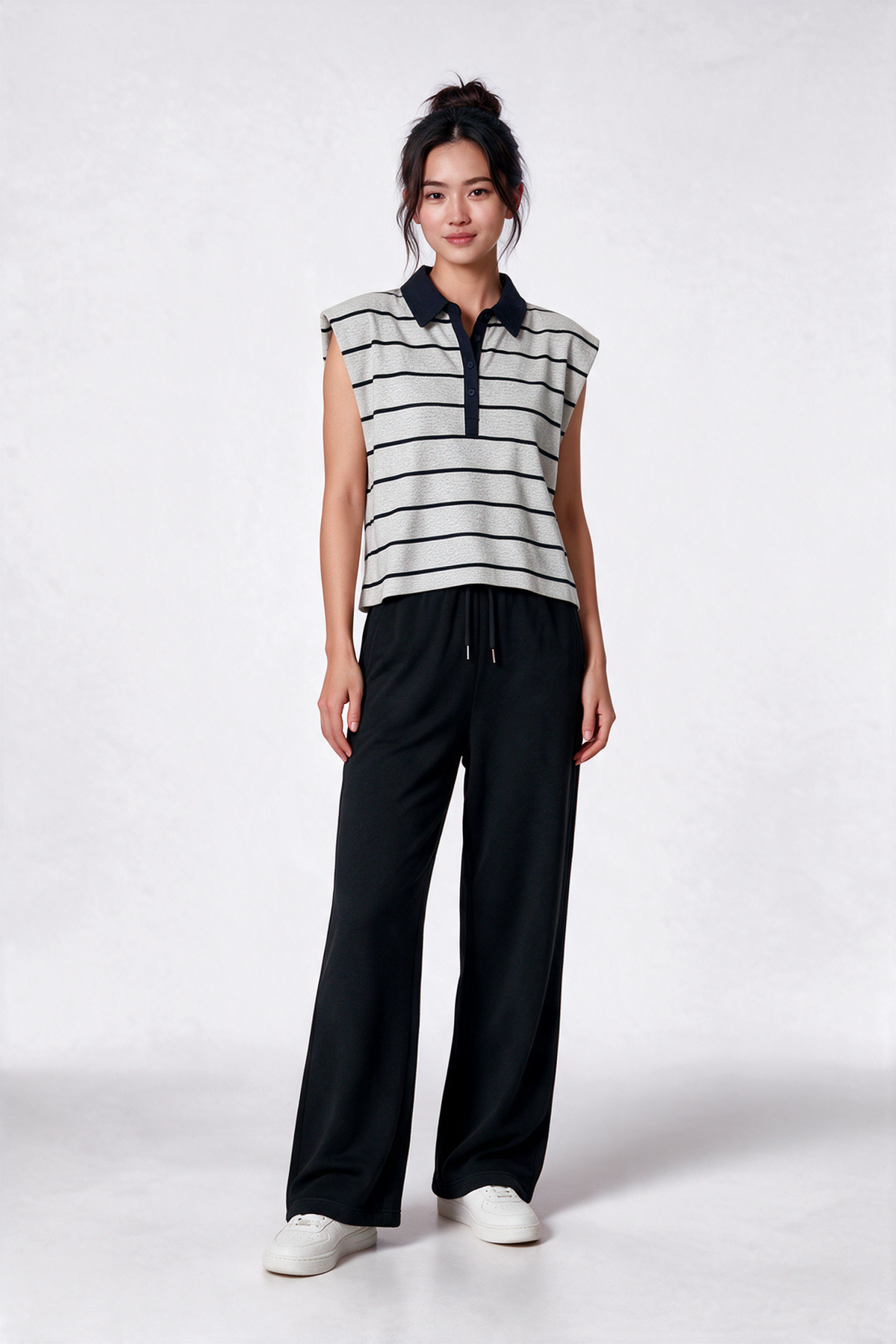 Padded Shoulder Striped Polo Tee in Grey