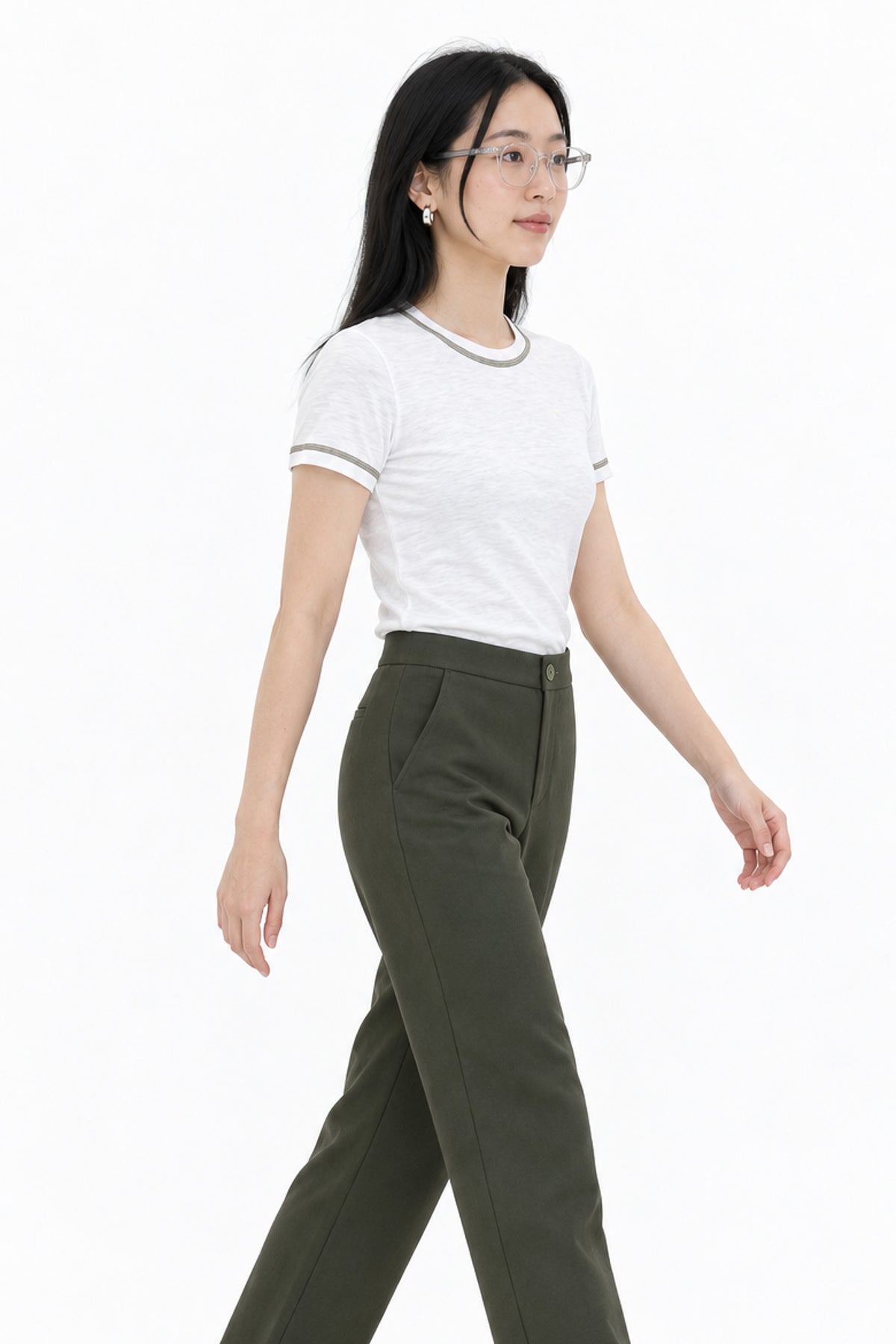 Contrast Stitch Crew Neck Tee in White+Green