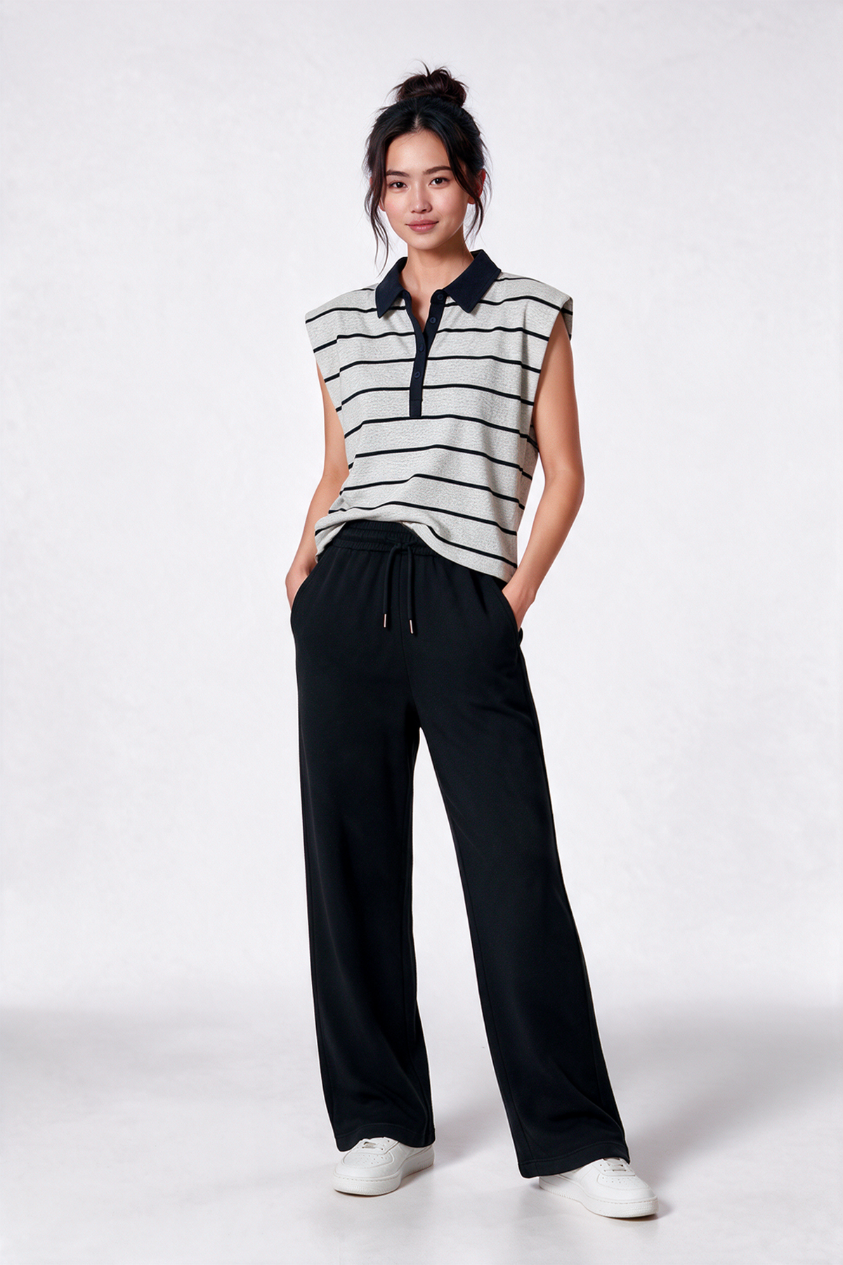 Padded Shoulder Striped Polo Tee in Grey