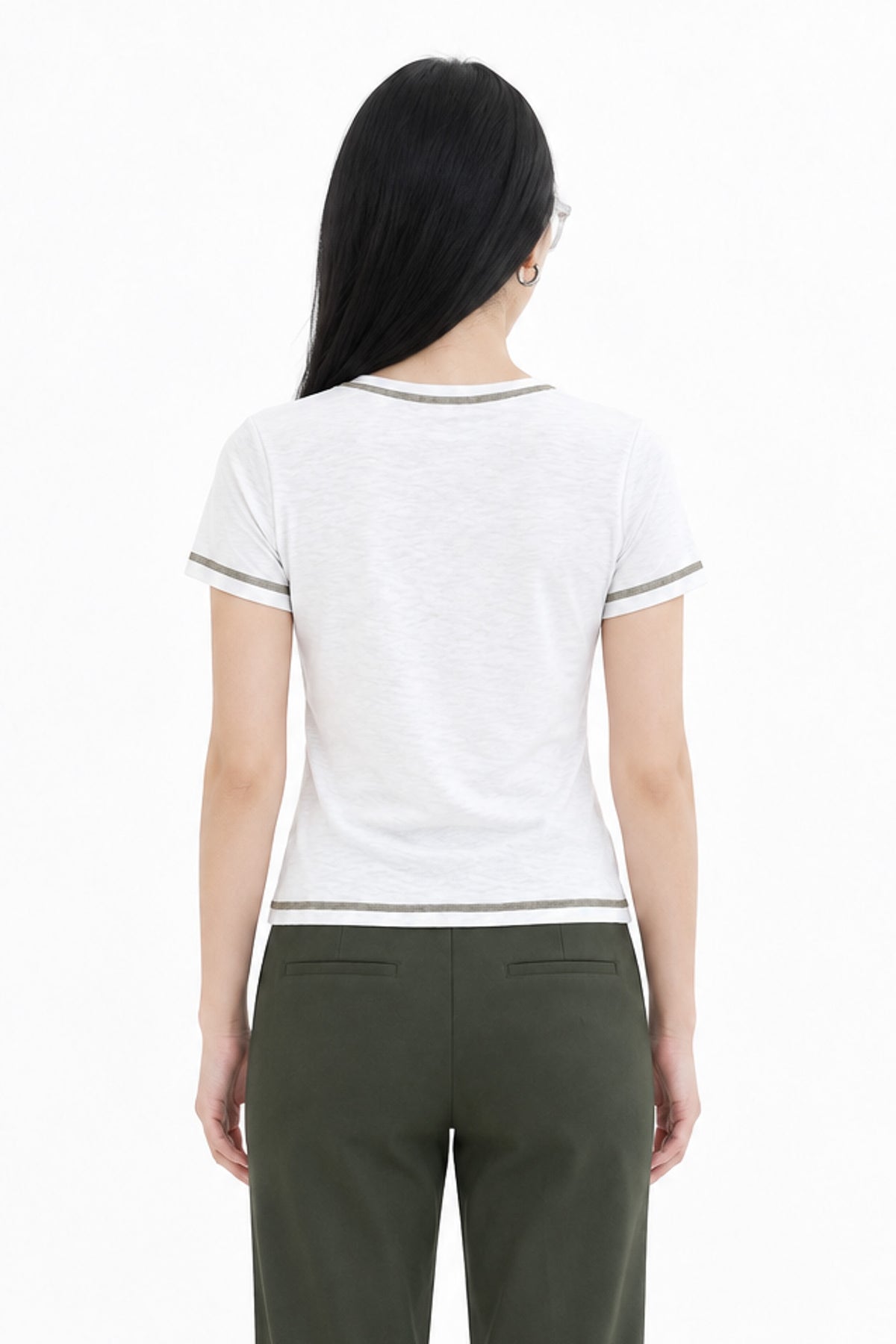 Contrast Stitch Crew Neck Tee in White+Green