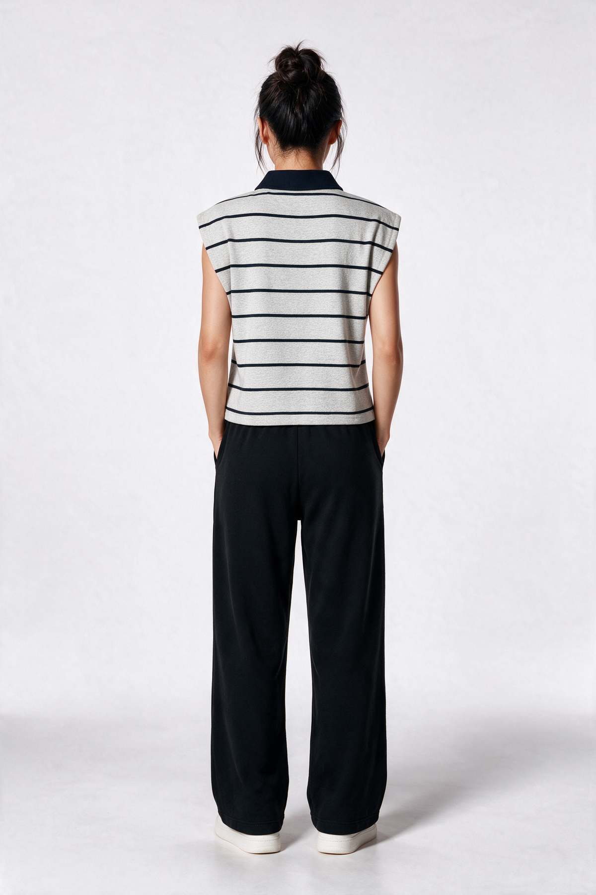 Padded Shoulder Striped Polo Tee in Grey