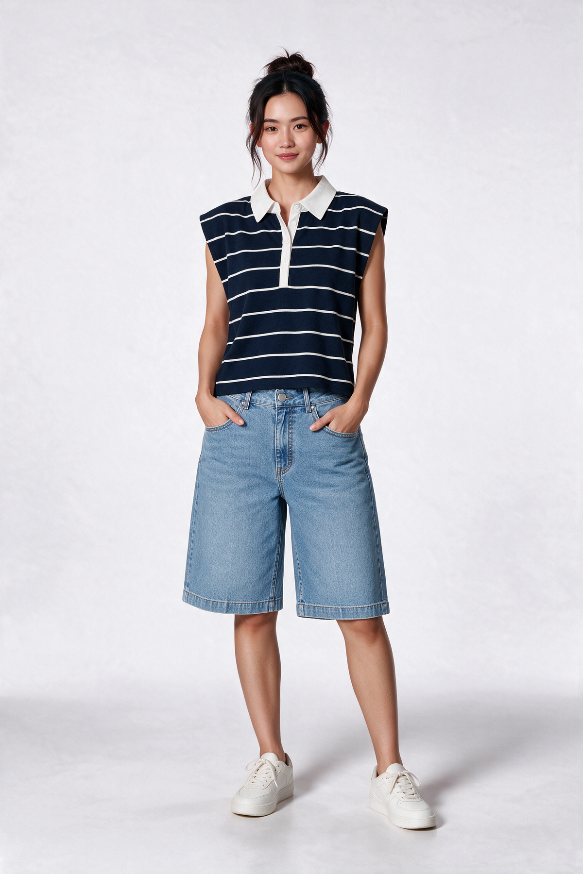 Padded Shoulder Striped Polo Tee in Navy