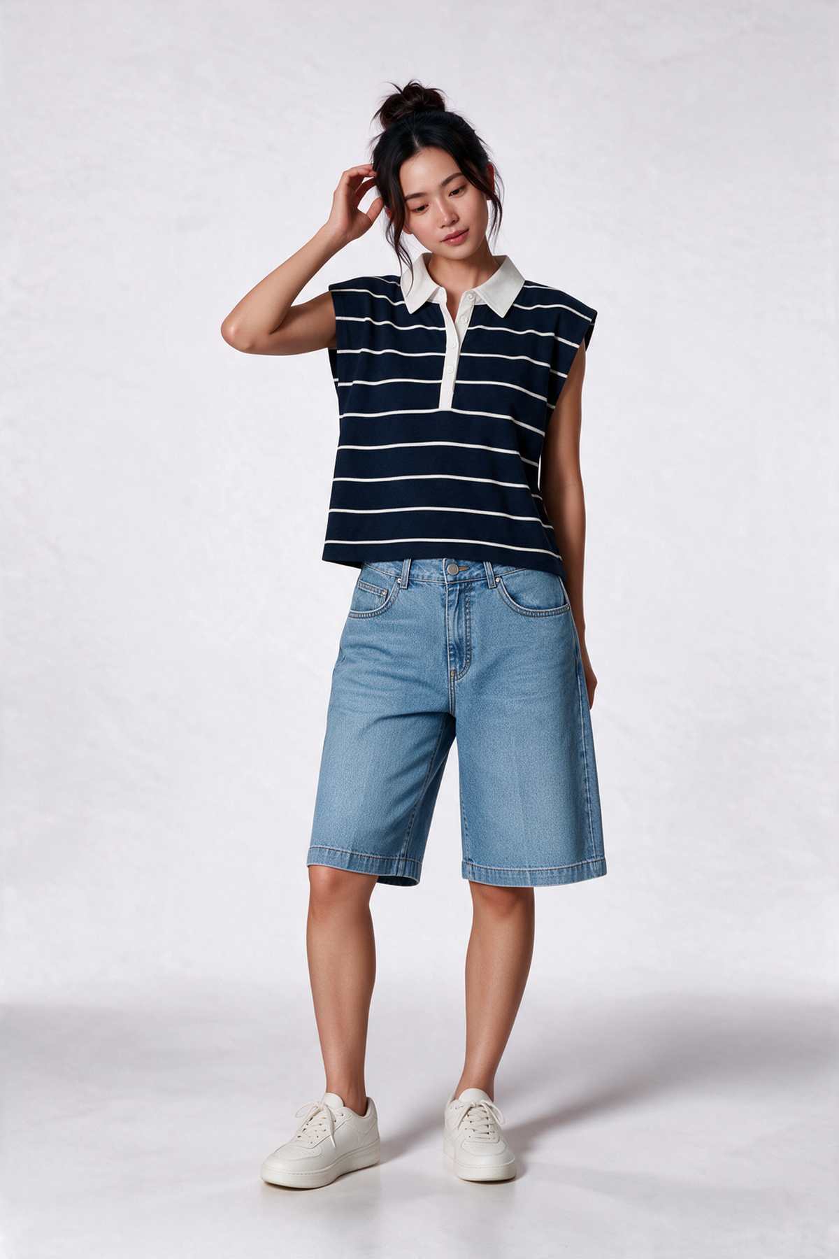 Padded Shoulder Striped Polo Tee in Navy