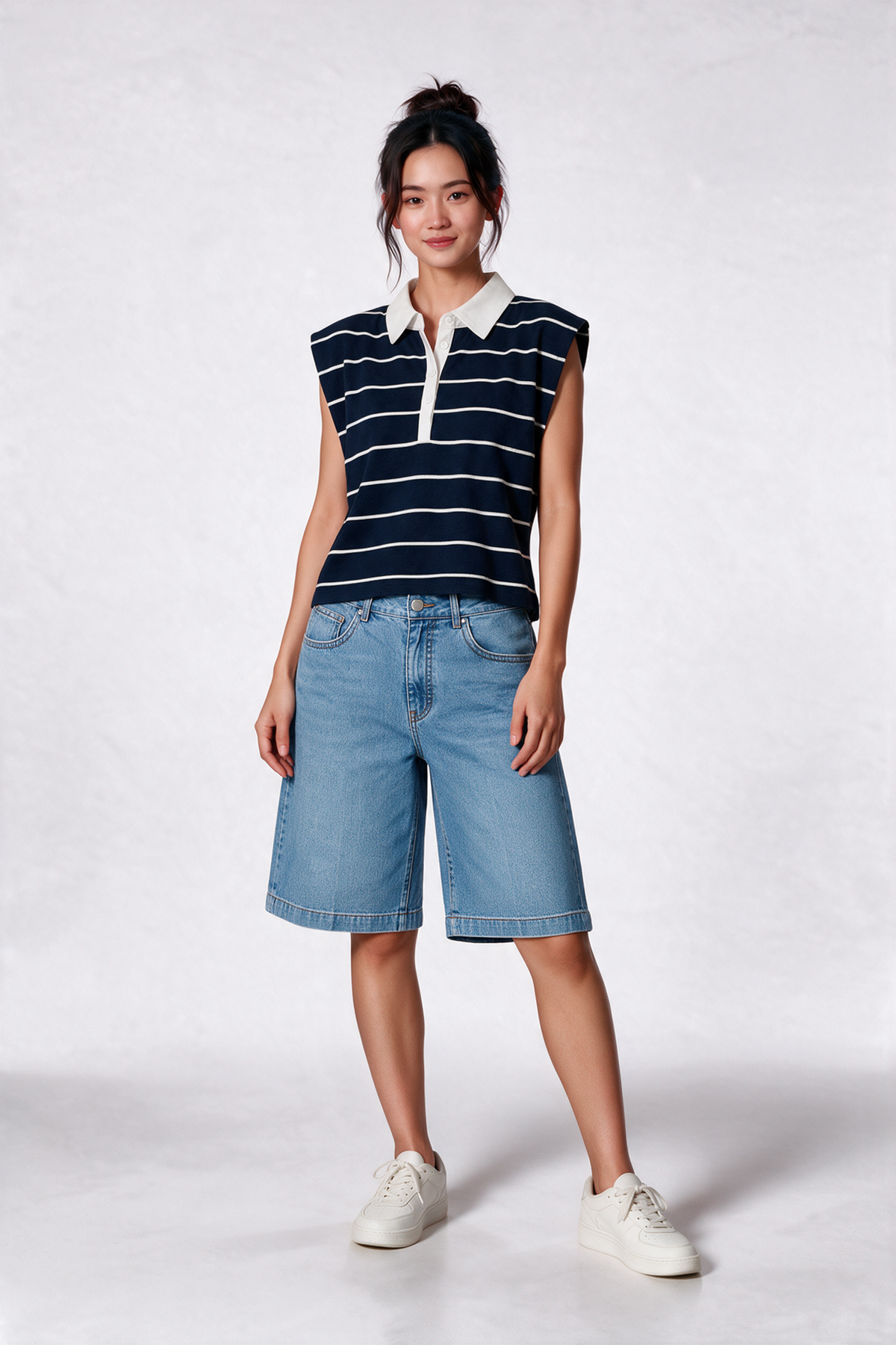 Padded Shoulder Striped Polo Tee in Navy