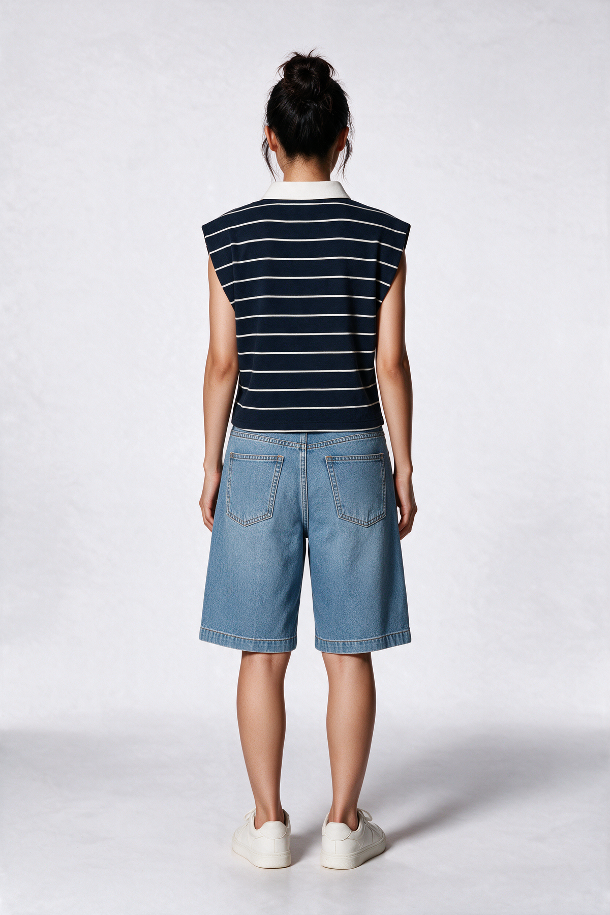Padded Shoulder Striped Polo Tee in Navy