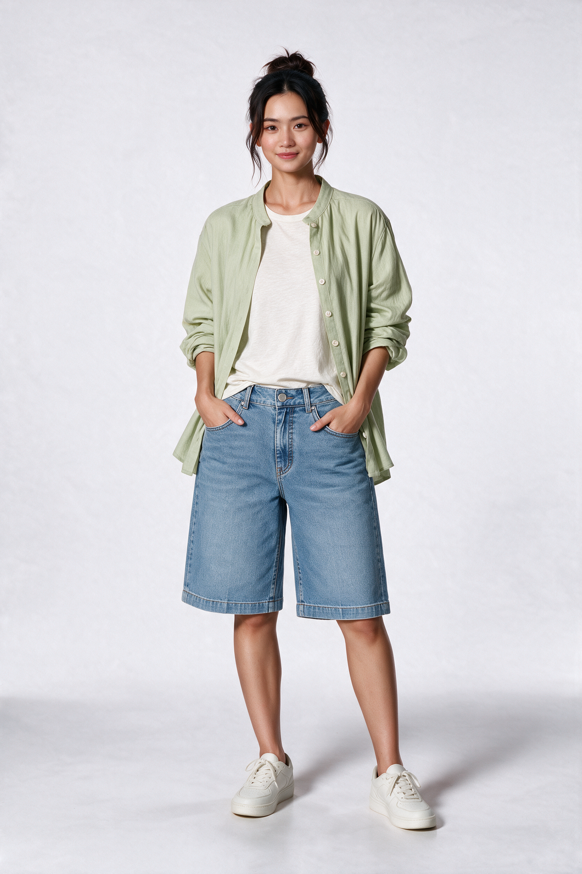 Mandarin Cotton Long Sleeve Shirt in Light Green