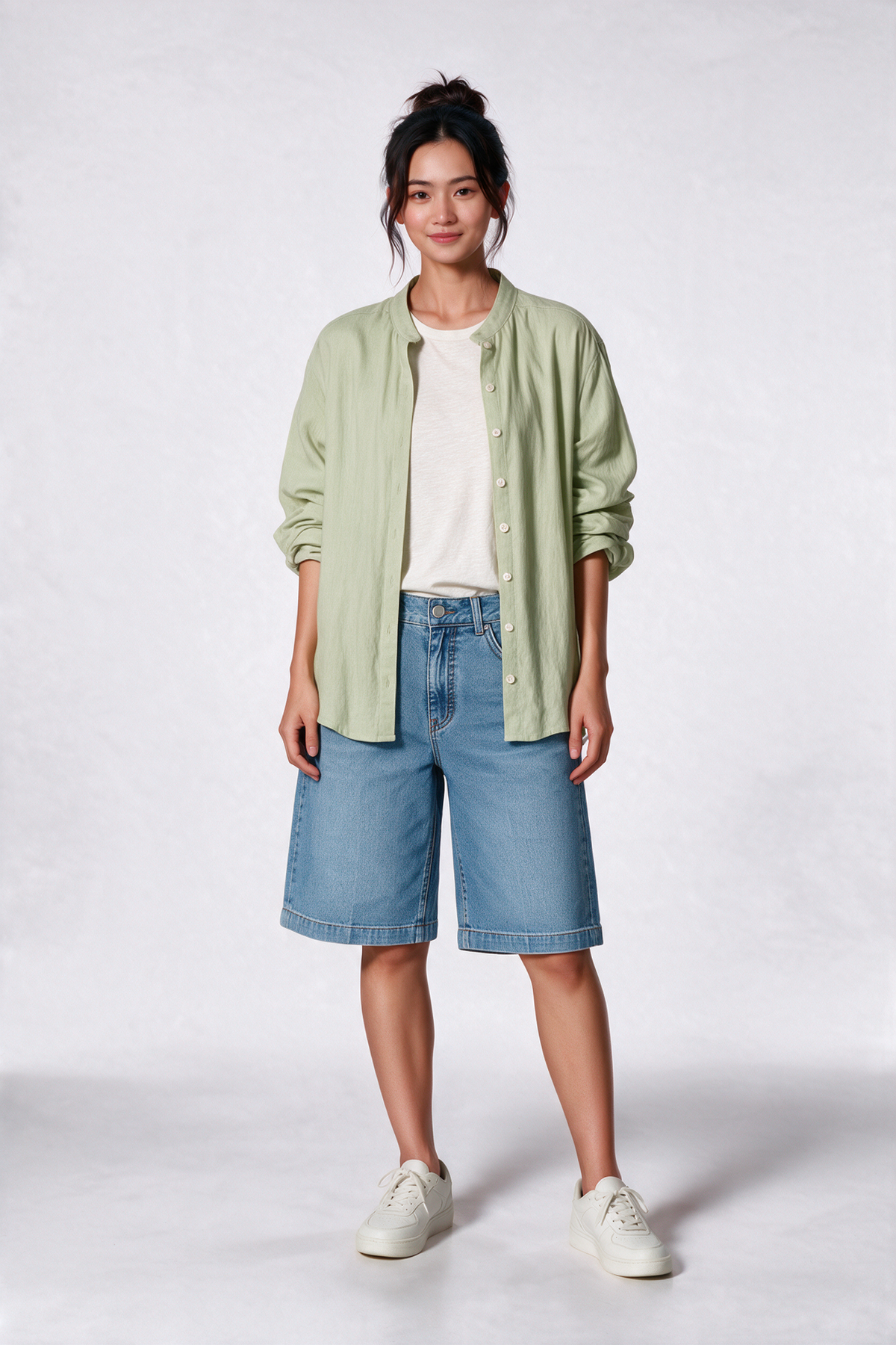 Mandarin Cotton Long Sleeve Shirt in Light Green