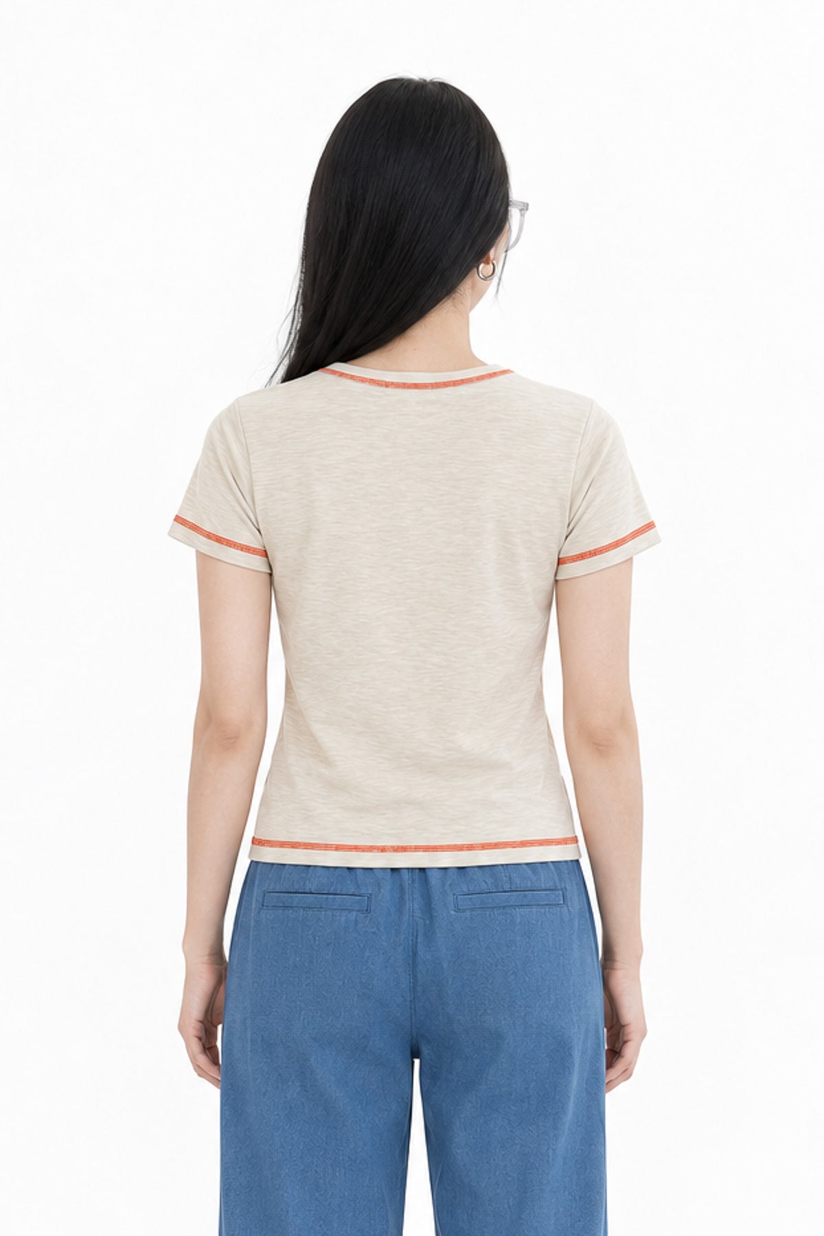 Contrast Stitch Crew Neck Tee in Beige+Orange