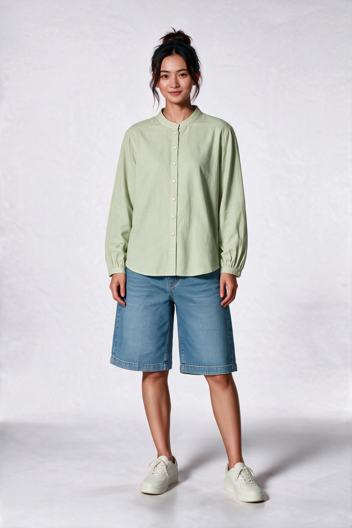 Mandarin Cotton Long Sleeve Shirt in Light Green