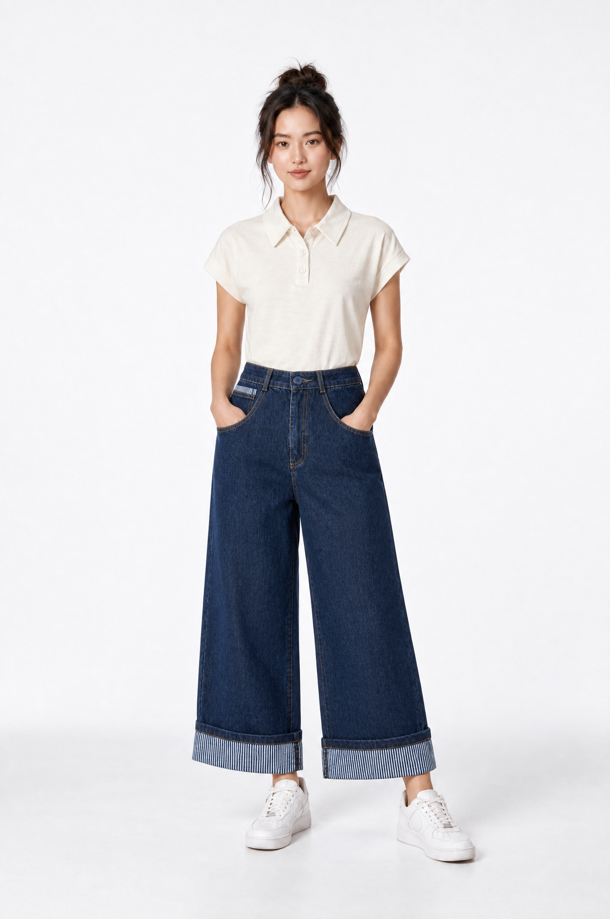 Striped Cuff Jeans in Dark Wash