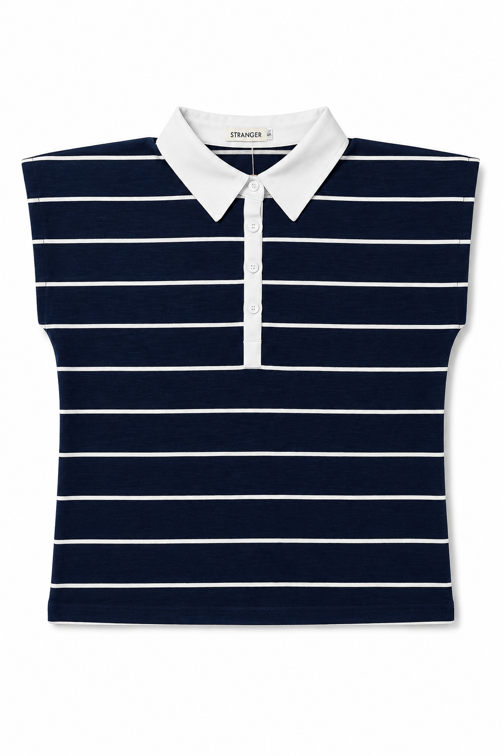 Padded Shoulder Striped Polo Tee in Navy