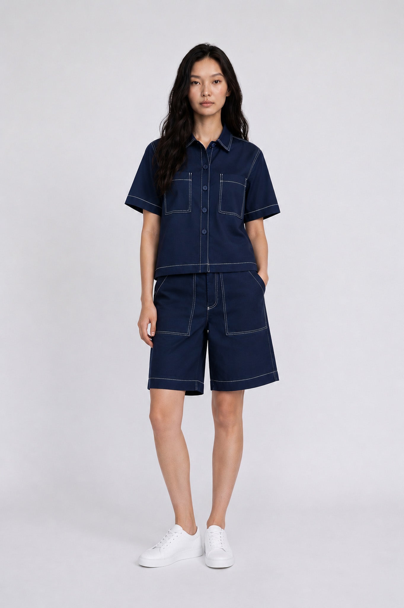 Contrast Stitch Twill Berms in Navy+Cream