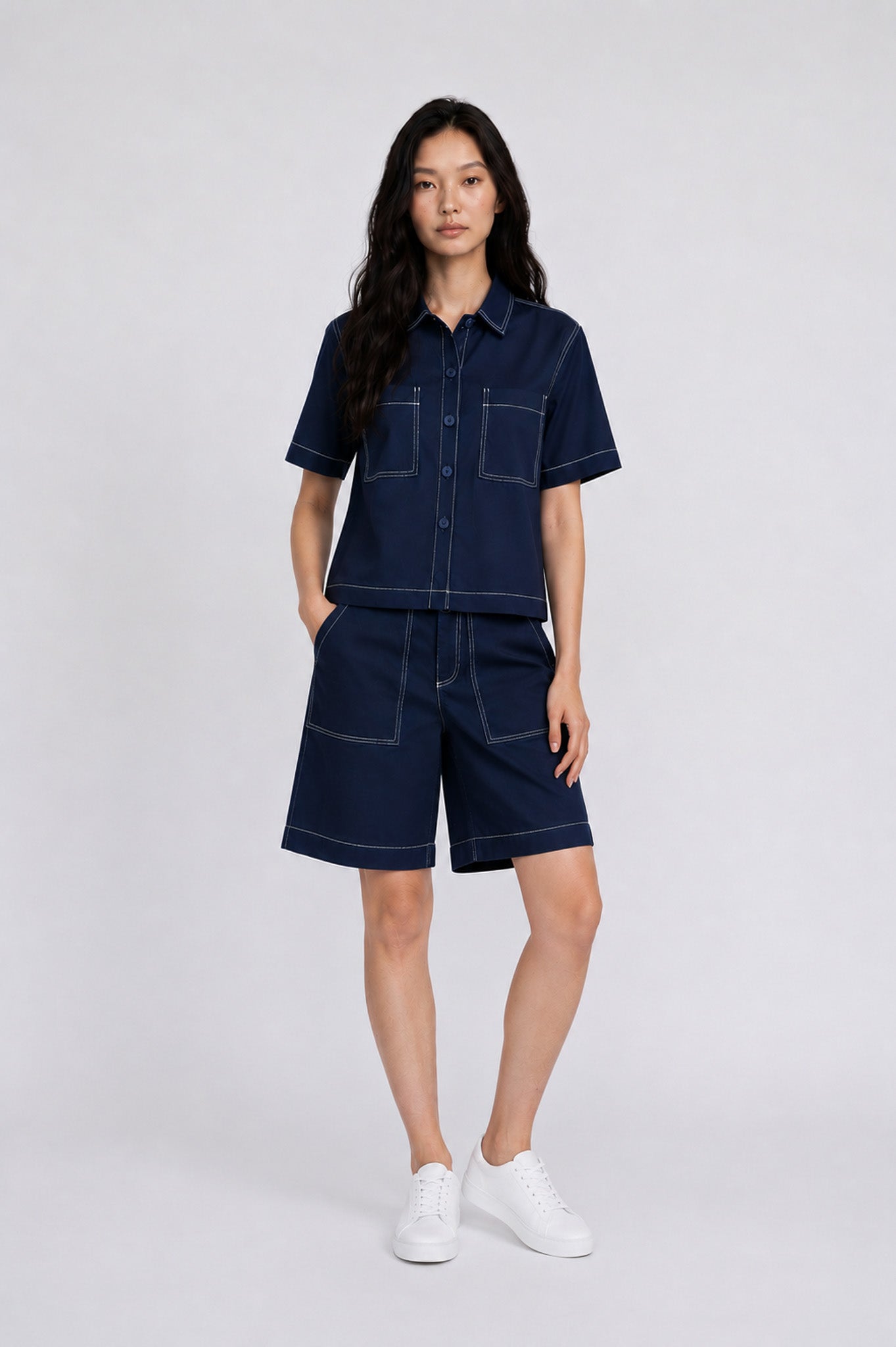 Contrast Stitch Twill Berms in Navy+Cream