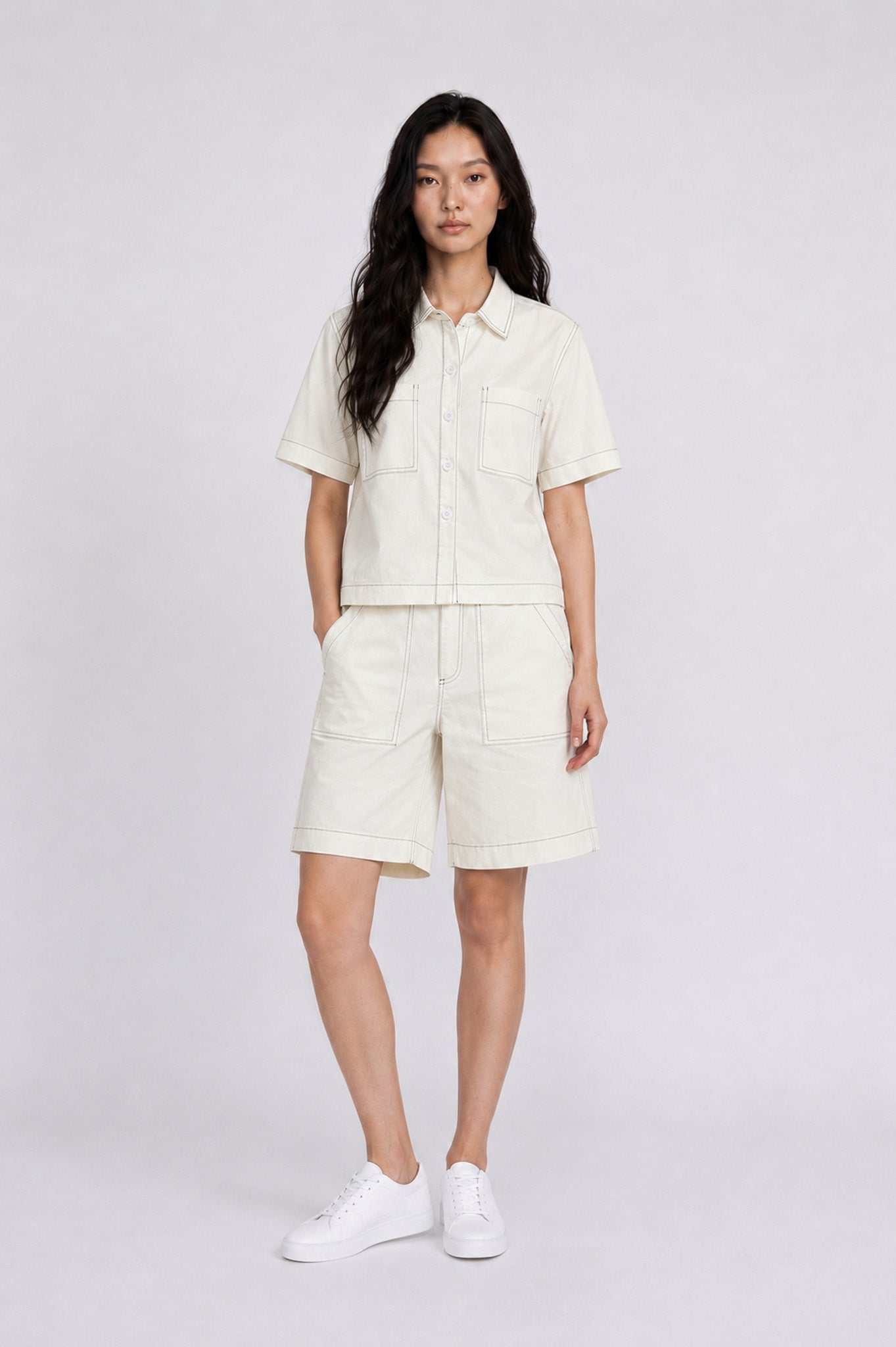 Contrast Stitch Twill Short Sleeve Shirt in Cream+Green