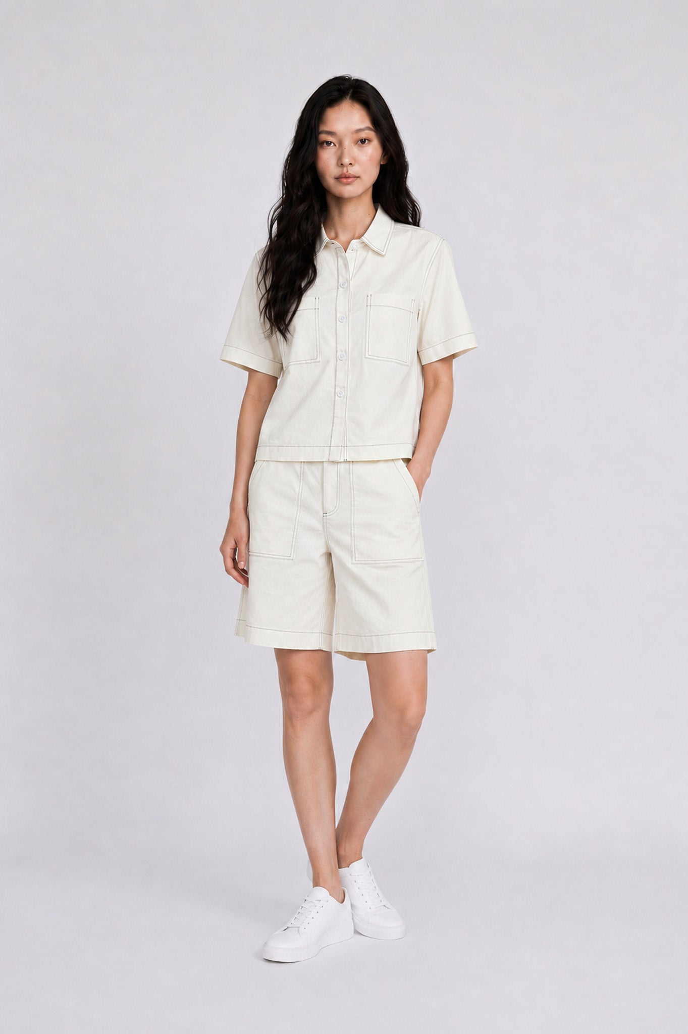 Contrast Stitch Twill Berms in Cream+Green