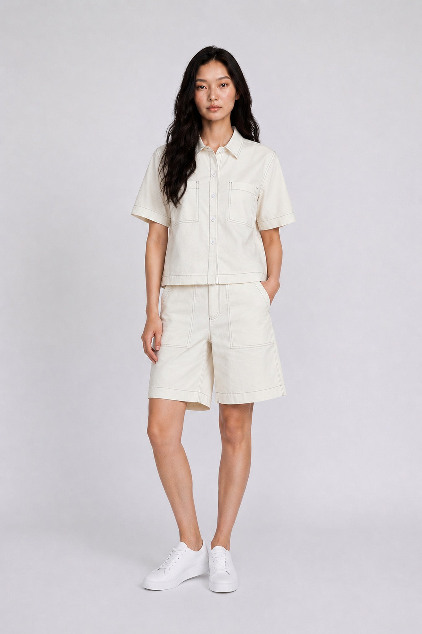 Contrast Stitch Twill Short Sleeve Shirt in Cream+Green