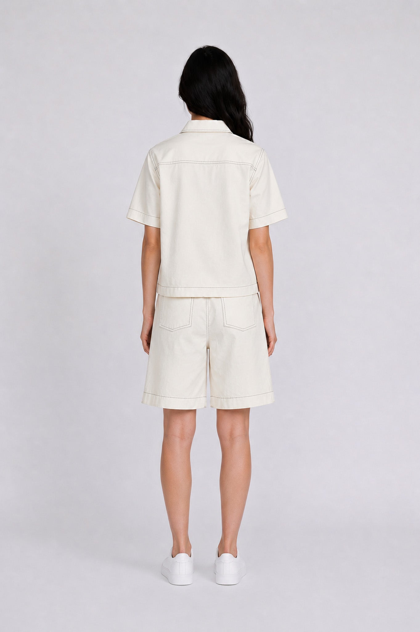 Contrast Stitch Twill Short Sleeve Shirt in Cream+Green