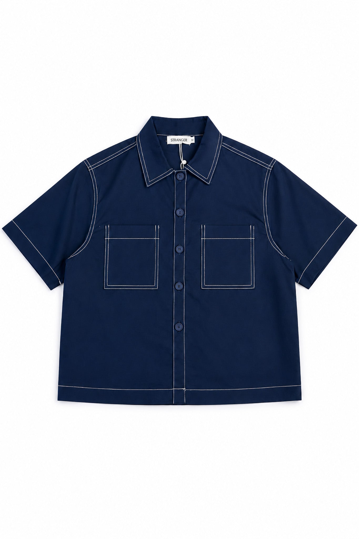Contrast Stitch Twill Short Sleeve Shirt in Navy+Cream