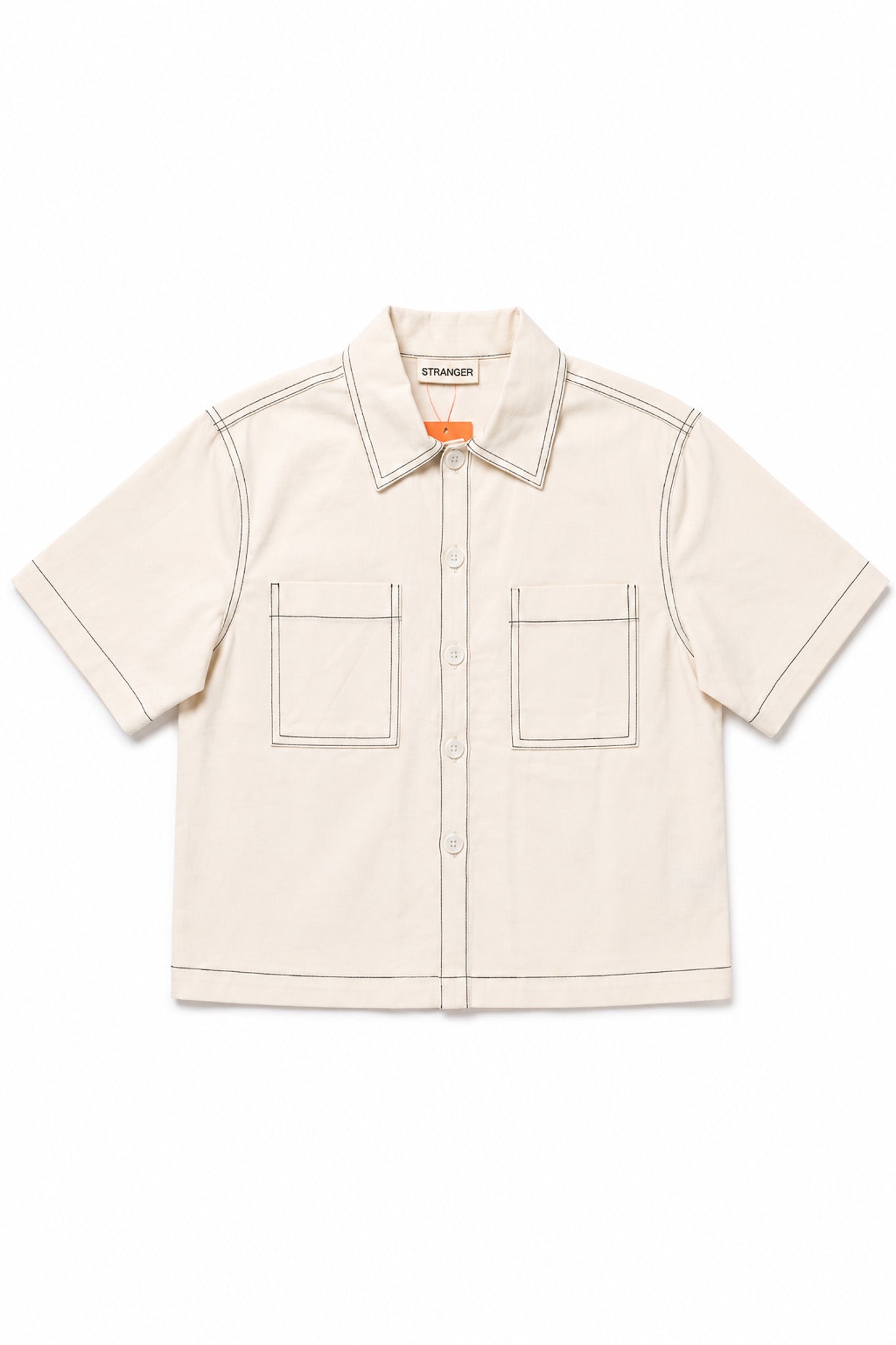 Contrast Stitch Twill Short Sleeve Shirt in Cream+Green