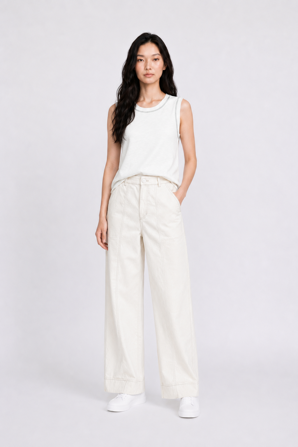 Contrast Stitch Twill Long Pants in Cream+Green