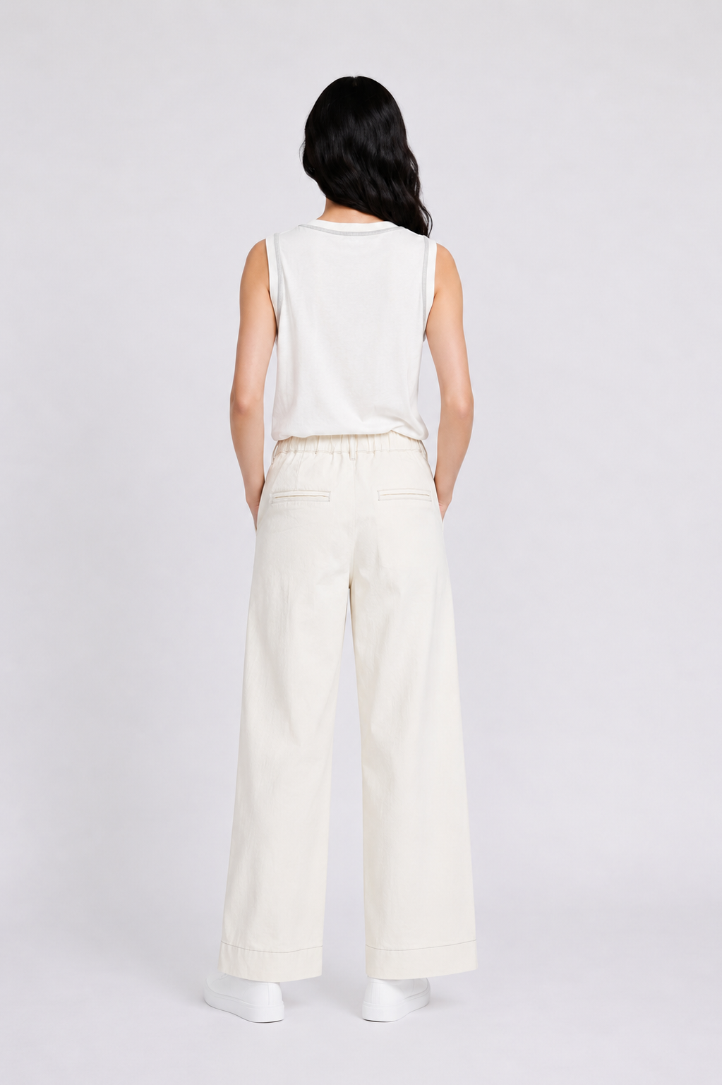 Contrast Stitch Twill Long Pants in Cream+Green