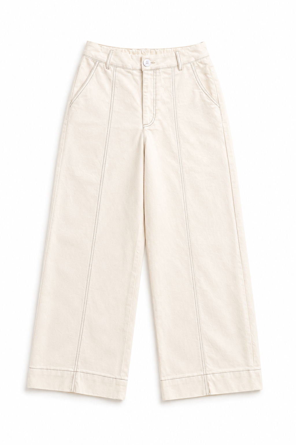 Contrast Stitch Twill Long Pants in Cream+Green