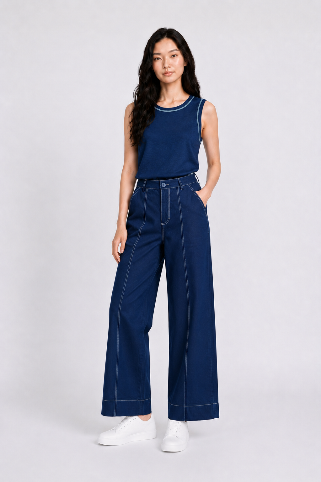 Contrast Stitch Twill Long Pants in Navy+Cream