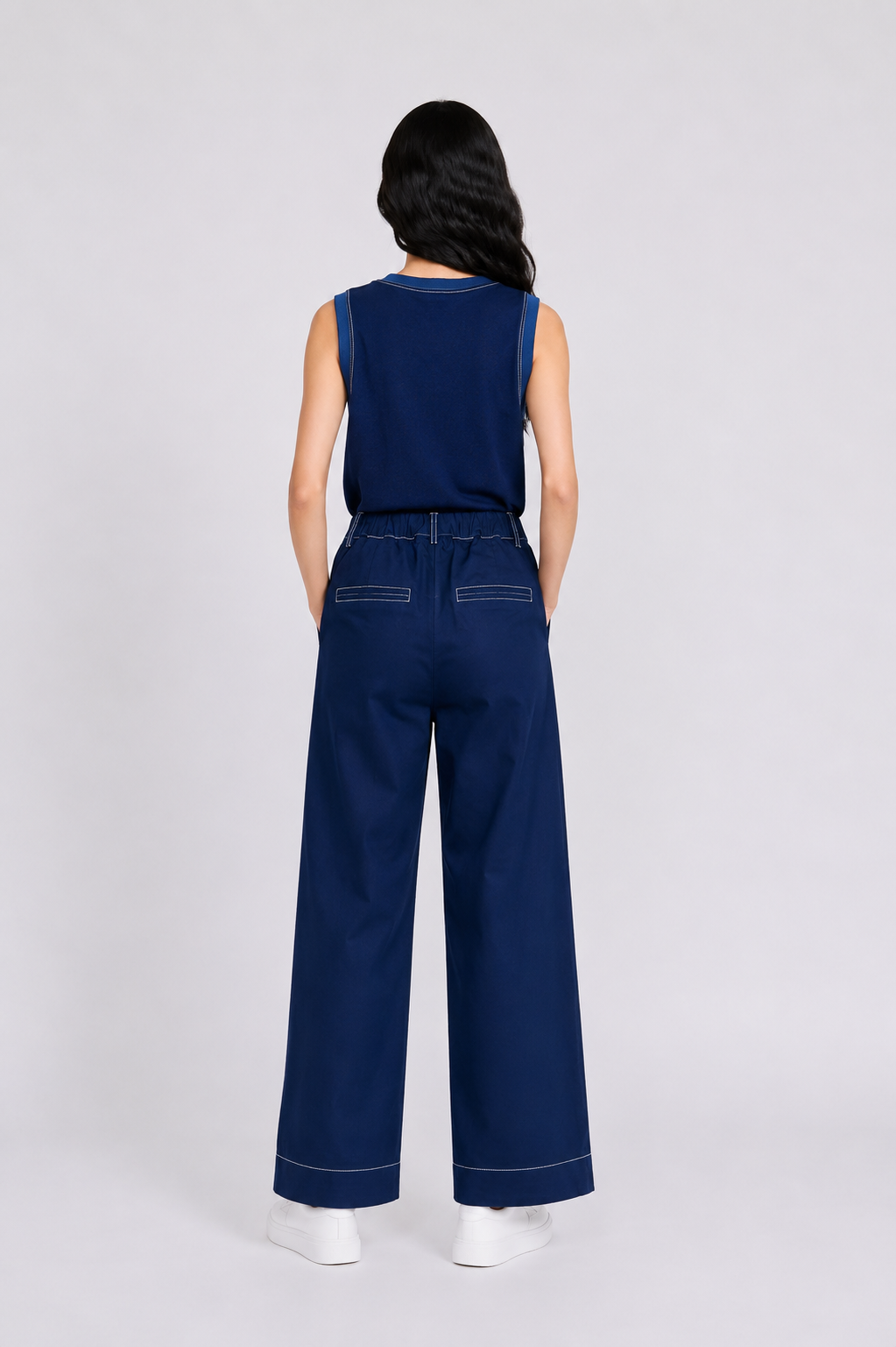 Contrast Stitch Twill Long Pants in Navy+Cream