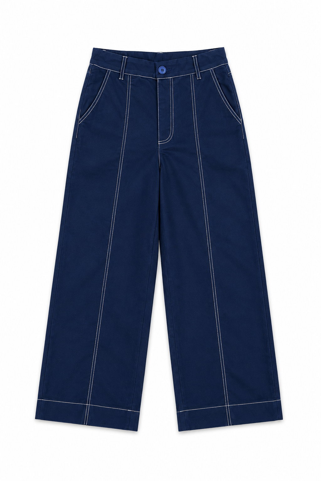 Contrast Stitch Twill Long Pants in Navy+Cream