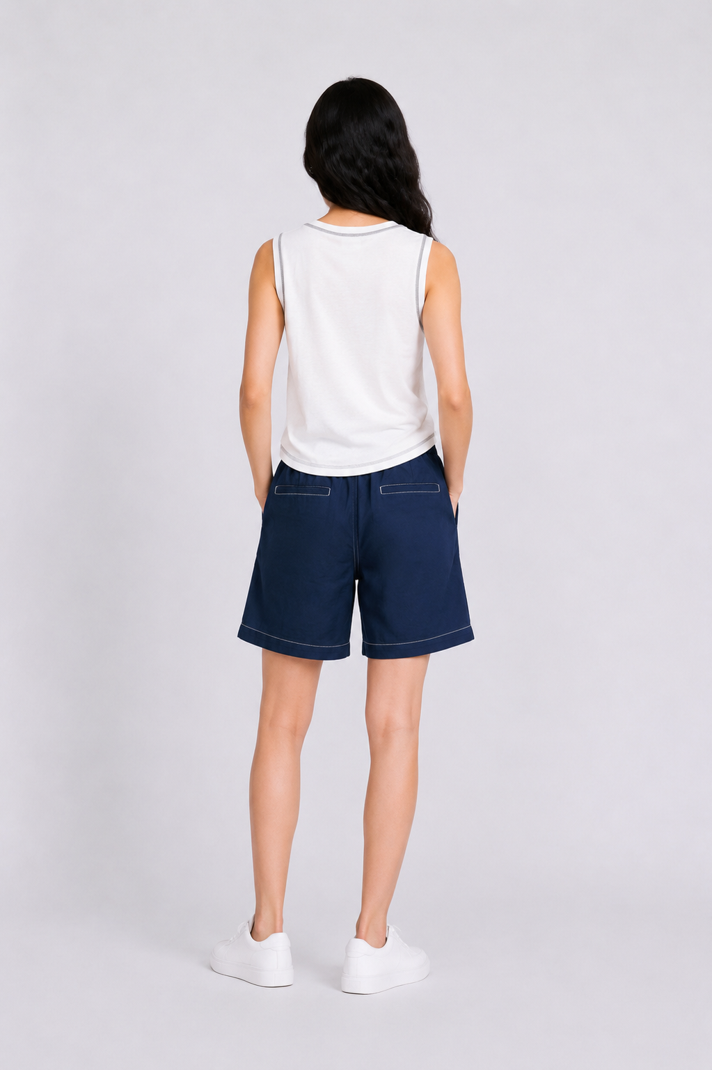 Contrast Stitch Tank Top in Cream+Green
